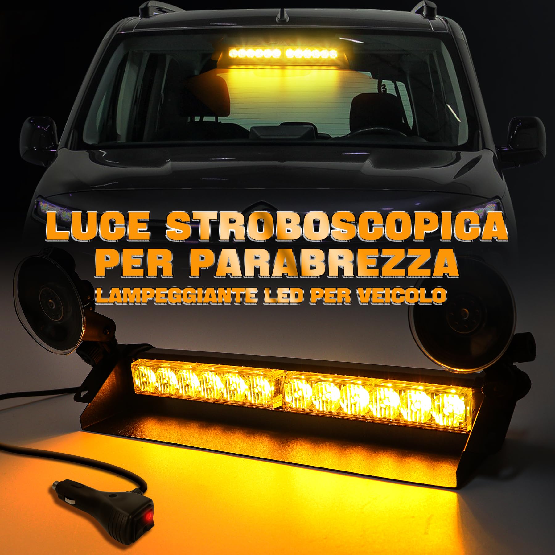 Barra LED Stroboscopica 14 Pollici 12 LED Ambra 12V/24V IP66 9 Modalità Luce Emergenza con Ventose Parabrezza Lampada Lampeggiante per Auto Camion Furgoni Veicoli Lavoro