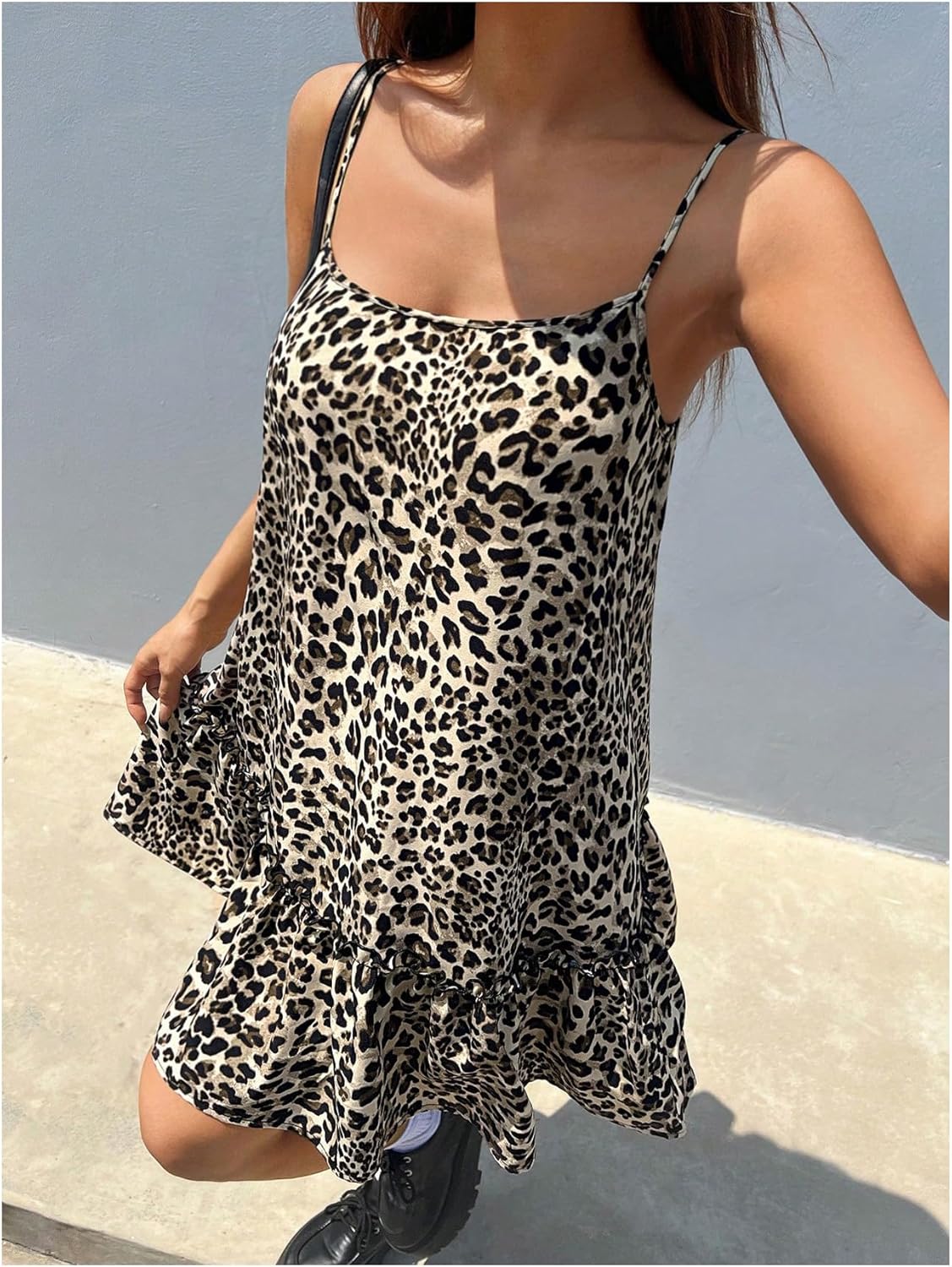 Women's Sleeveless Leopard Print Short Cami Dress Spaghetti Strap Layered Ruffle Dresses - Image 2