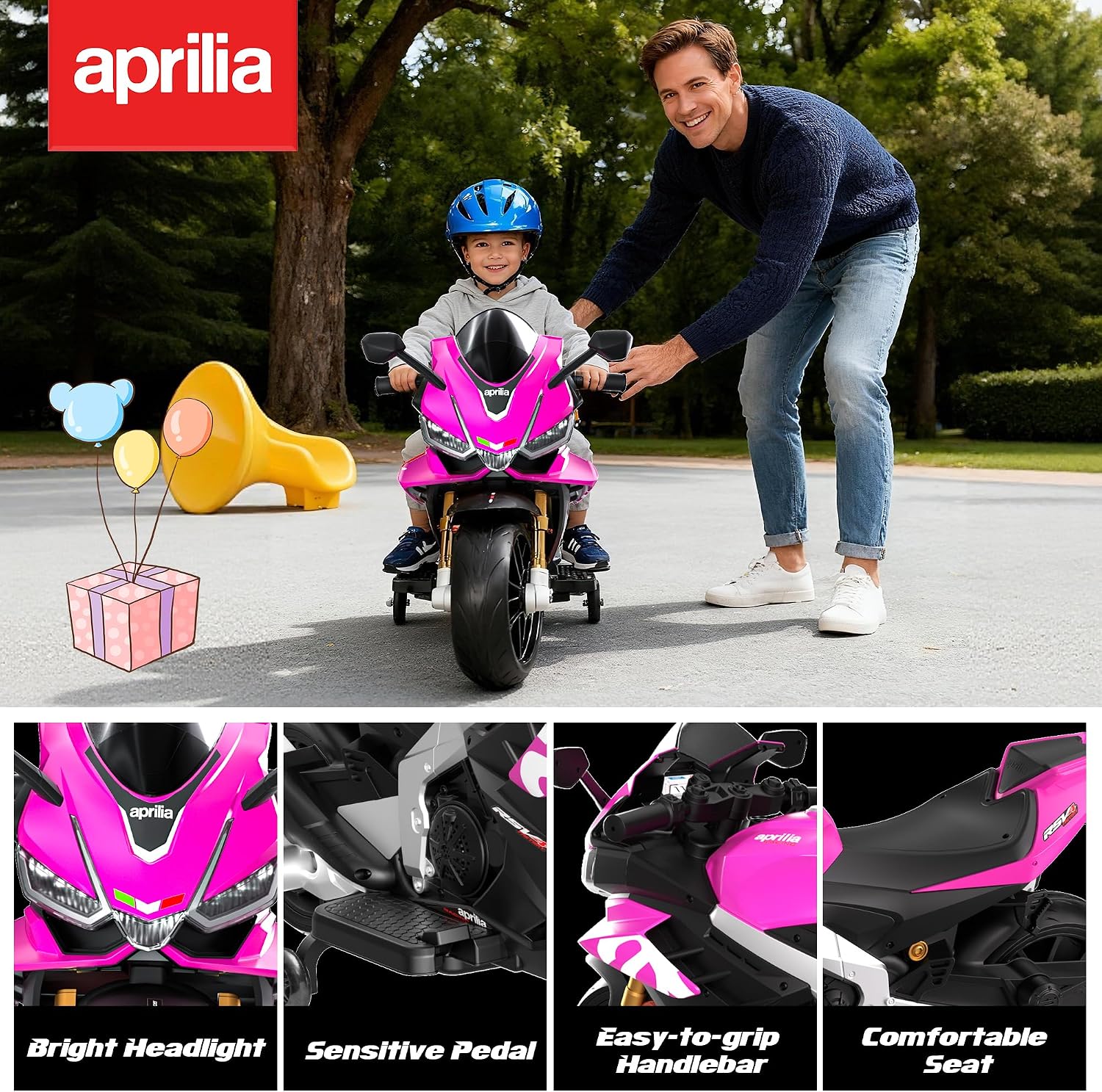 Kids Motorcycle, 24V Licensed Aprilia RSV4 Electric Motorcycle for Kids, Training Wheels, LED Headlight, Music, Battery Powered Ride on Motorcycle for Toddler Boys Girls Pink