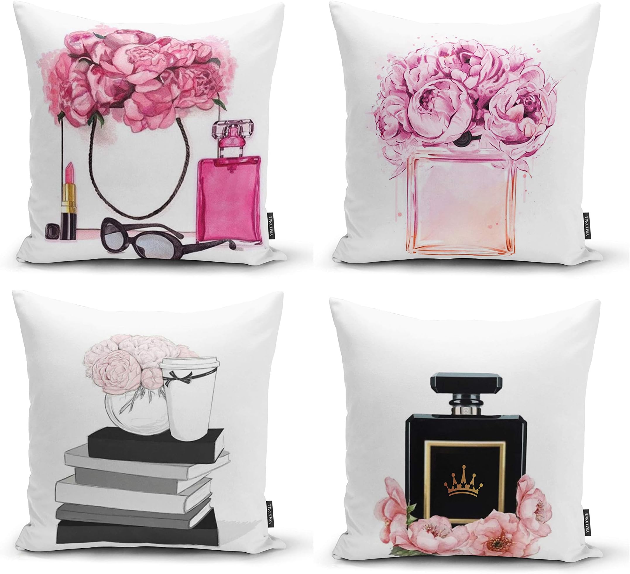 YsahomePink Flowers Digital Print Pillow Cover - Queen Perfume Cushion Cover - Book and Vase Decor Throw Pillow Case - Fancy Theme Decorative (18x18, Set of 4 (Pink))
