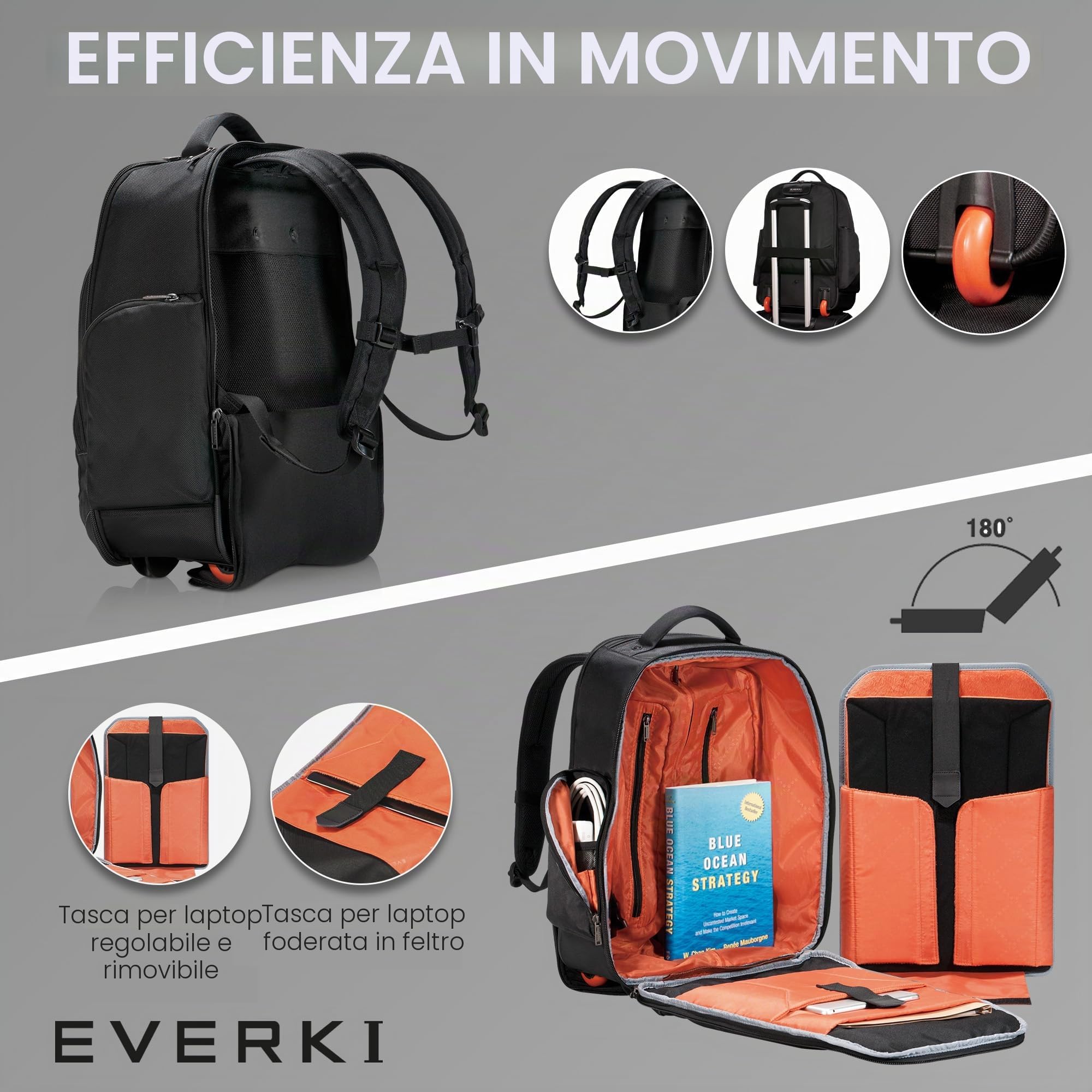 Everki Atlas Wheeled Zaino Trolley 30 L per Laptop – Bagaglio a Mano per Donna e Uomo – Scomparto Regolabile per 13"–17,3" – Nero (EKP122)