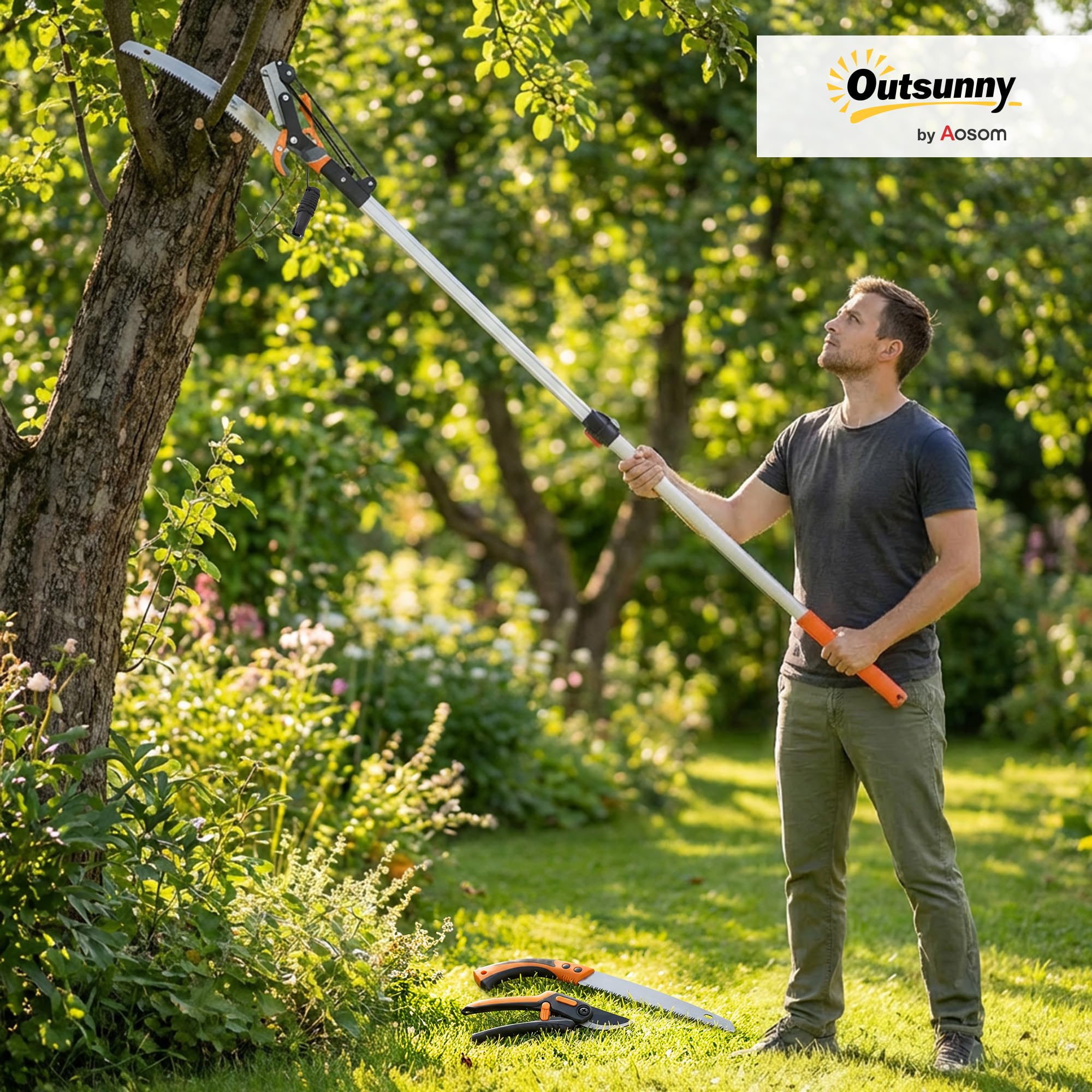 Outsunny Seghetto Manuale da Giardino 2-in-1 con Asta Telescopica in Alluminio 135-199cm