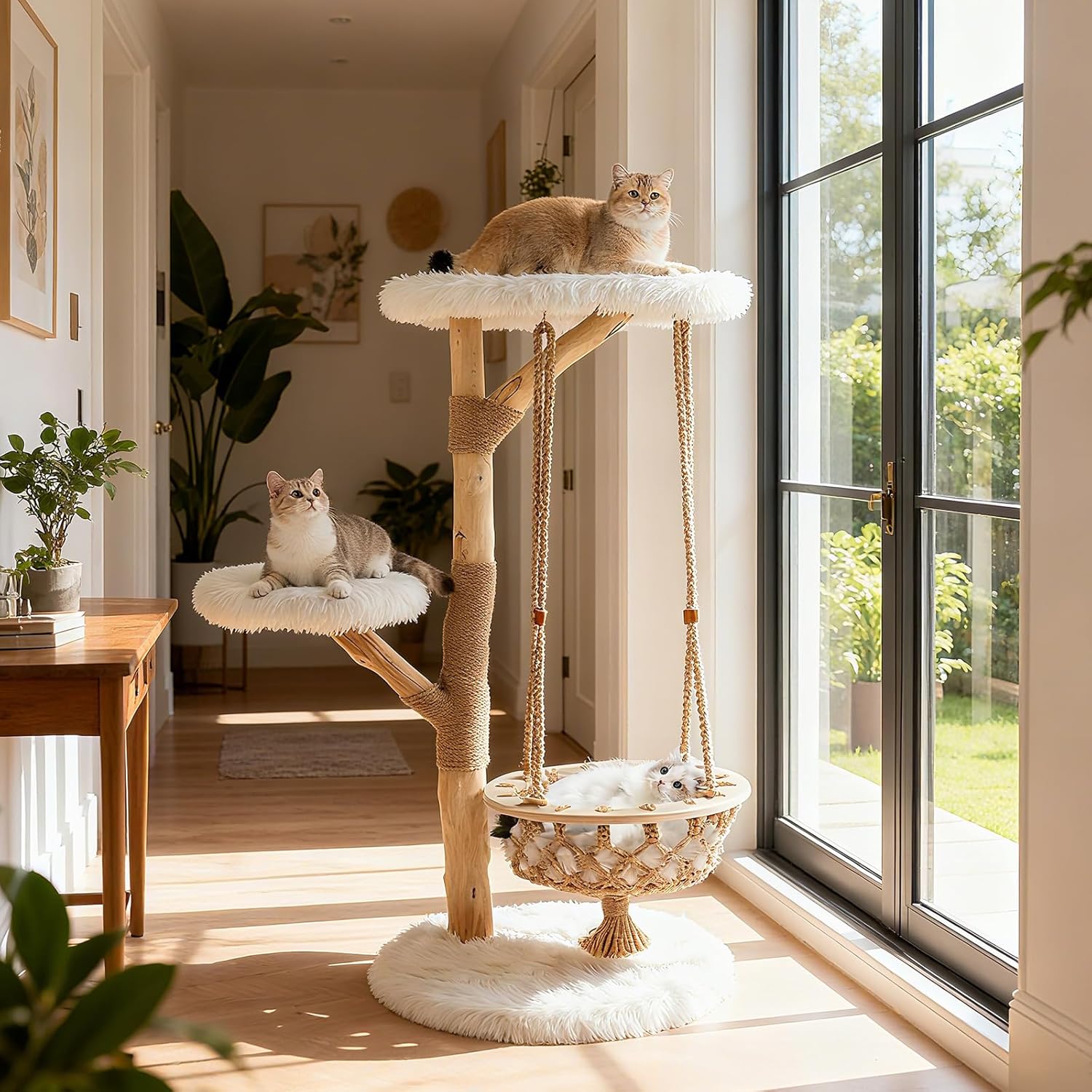 PETSITE 48.5 Inches Wood Cat Tree, Multi-Level White Modern Cat Tree with Hanging Basket, Solid Natural Peer Wood Post Wrapped with Jute Ropes, Soft Long Plush Covered Perches and Base
