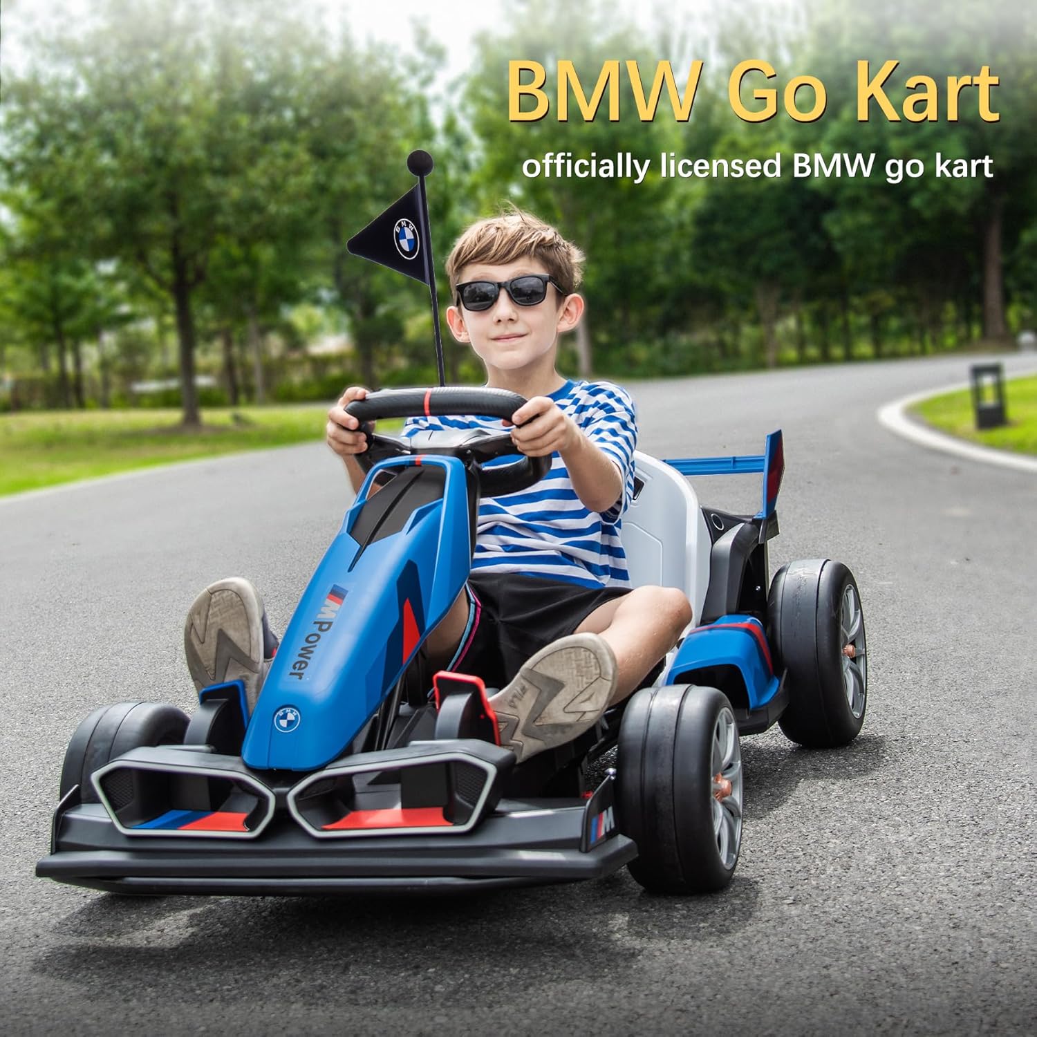 36V Electric Go Kart for Kids, Licensed BMW Battery Powered Drift Racing Go Kart, 7.5 MPH Drift Kart with Dual 300W Powerful Motor, Kids Race Pedal Go Karting Car w/Adjustable Speed, Blue