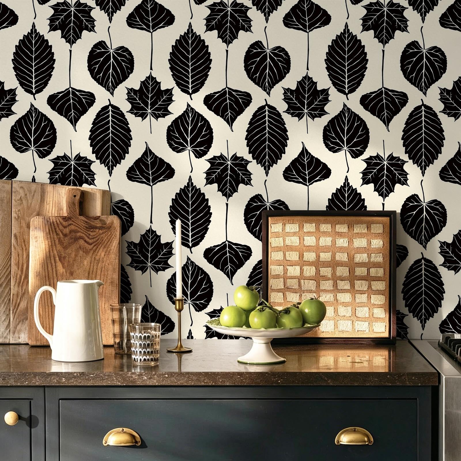 Papier peint botanique feuilles noires Dimoon 44x910 cm