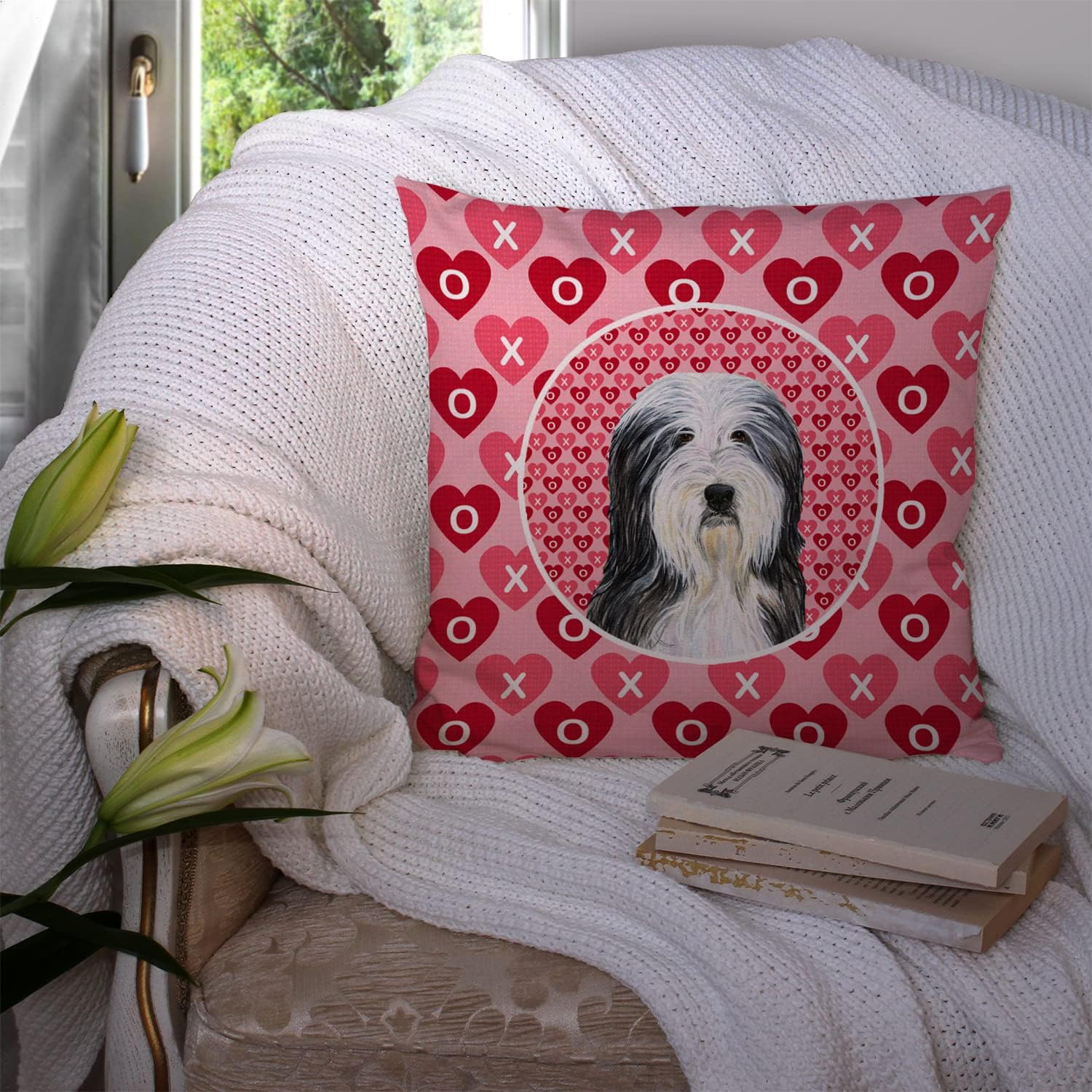 Caroline's Treasures SS4497PW1414 Bearded Collie Hearts Love and Valentine's Day Portrait Fabric Decorative Pillow Machine Washable, Indoor Outdoor Decorative Pillow for Couch, Bed or Patio, 14Hx14W