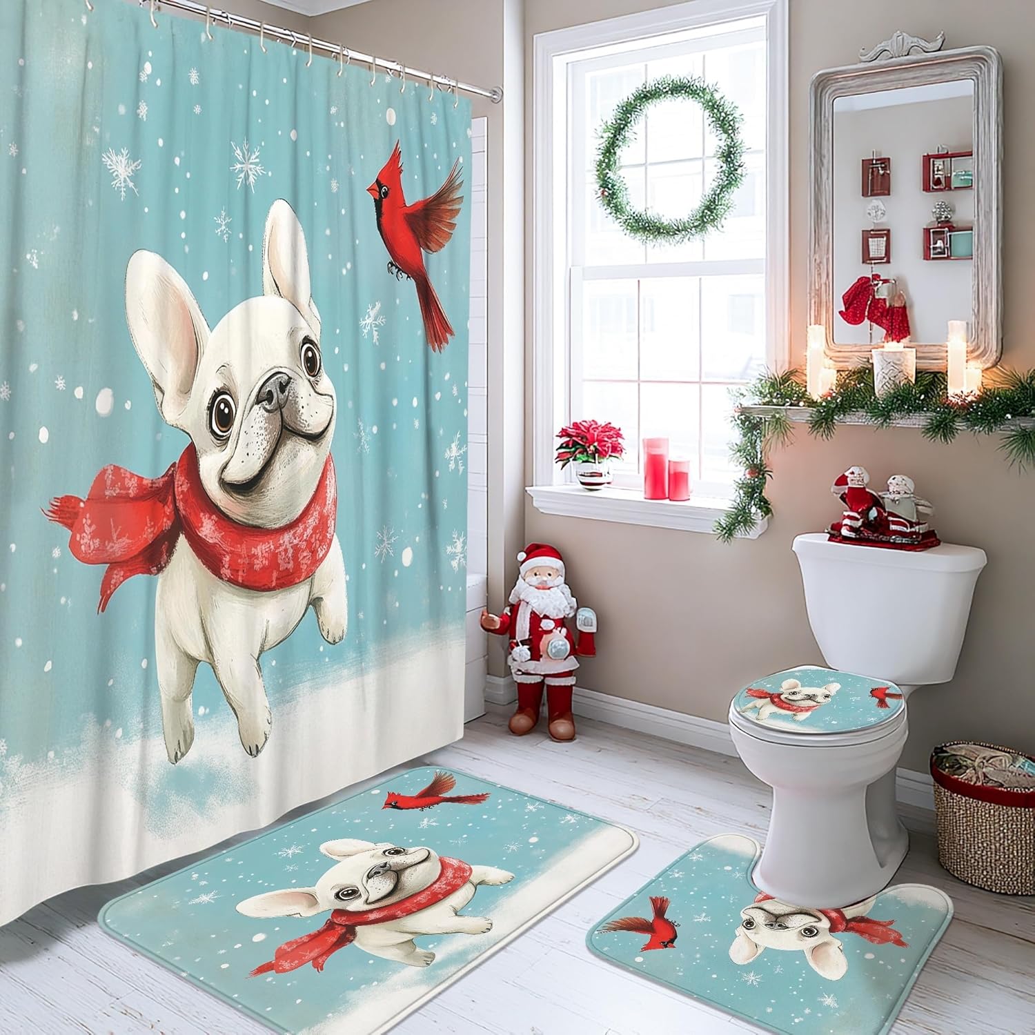 4PCS Winter Christmas French Bulldog Dog Bathroom Accessory Sets with Non-Slip Rug, U Shape and Toilet Lid Cover Mat, Cute Kid Xmas Puppy Bathroom Decorative-72''x72''