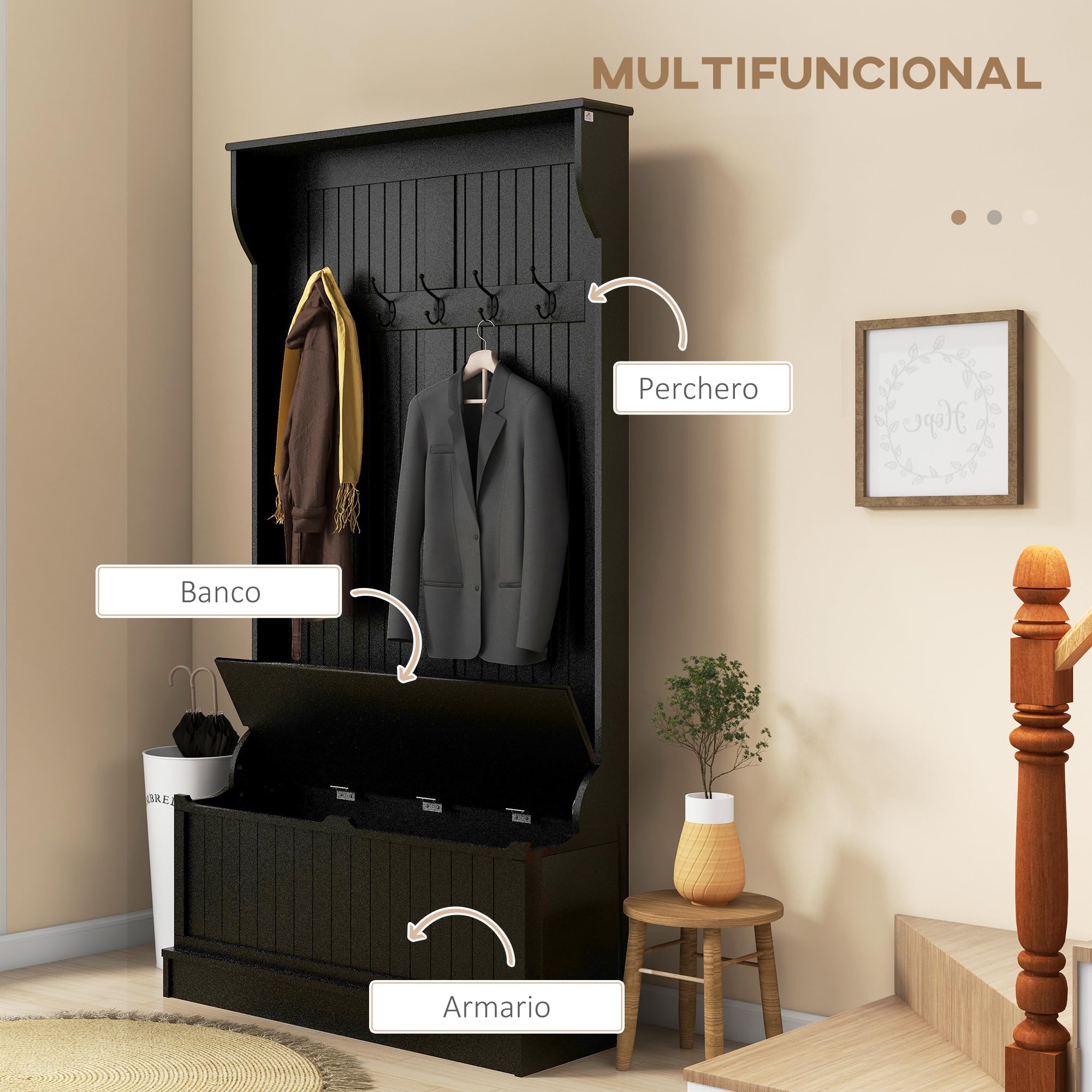 HOMCOM Perchero Zapatero, Perchero Entrada Recibidor con Banco de Almacenamiento y 5 Ganchos, Estilo Moderno, para Pasillo Dormitorio, 96x34x179,7 cm, Negro