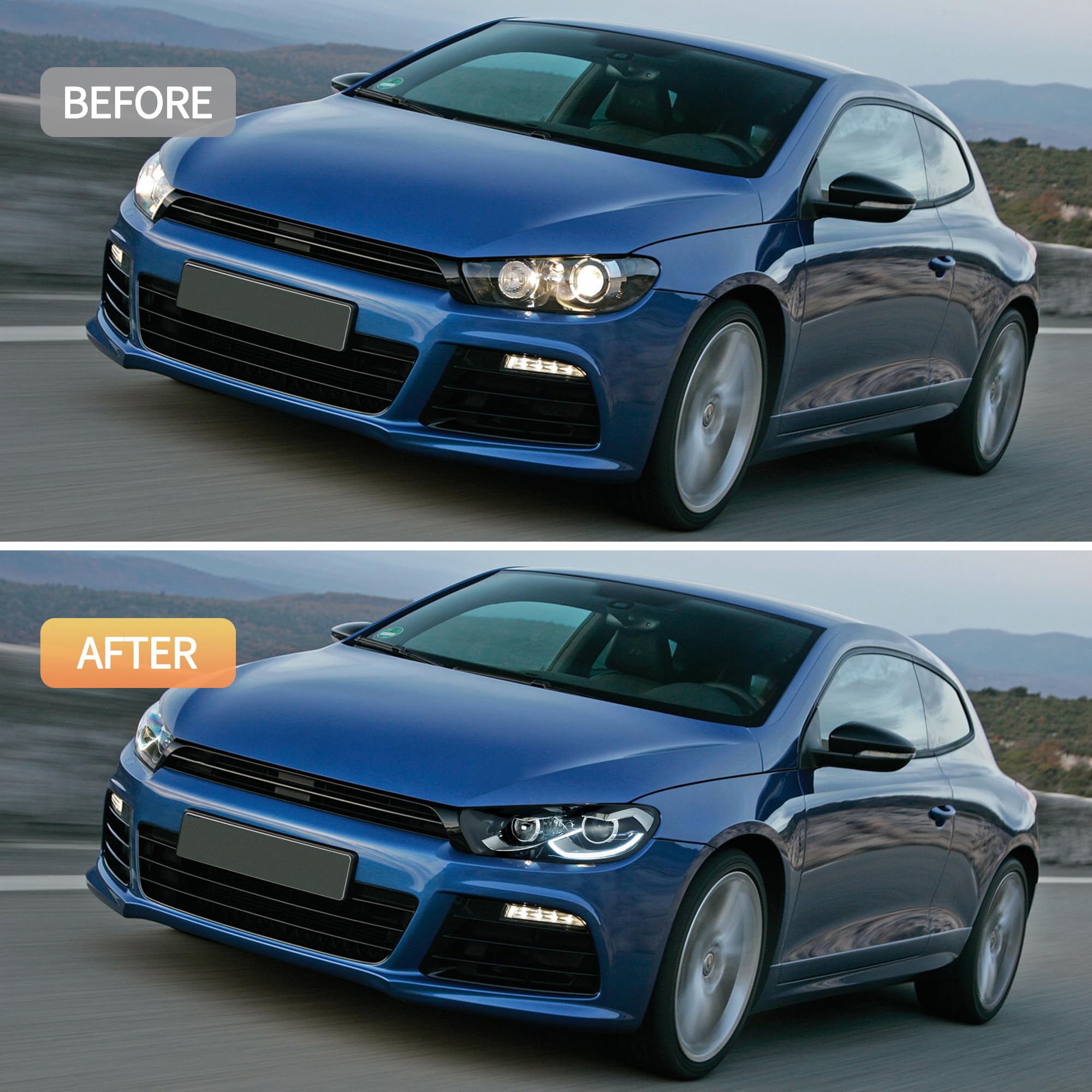 VLAND Fari per Scirocco 3 TSI TDI R 2009-2014 (alogeno/xeno/R), LED DRL, con display dinamico di avvio e indicatori di direzione sequenziali, 1 coppia