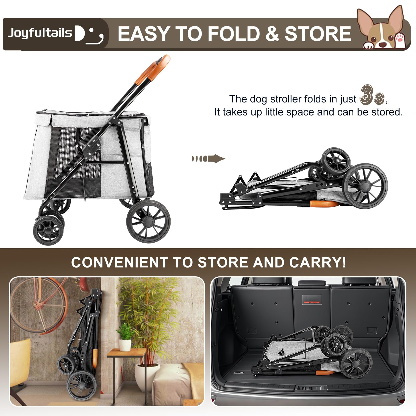 Hundebuggy Hundewagen Klappbar bis 30KG, Hundetrolley Faltbar mit Rahmen aus Aluminiumlegierung, Katzenwagen für kleine und mittelgroße Hunde mit Seitentaschen, Grau