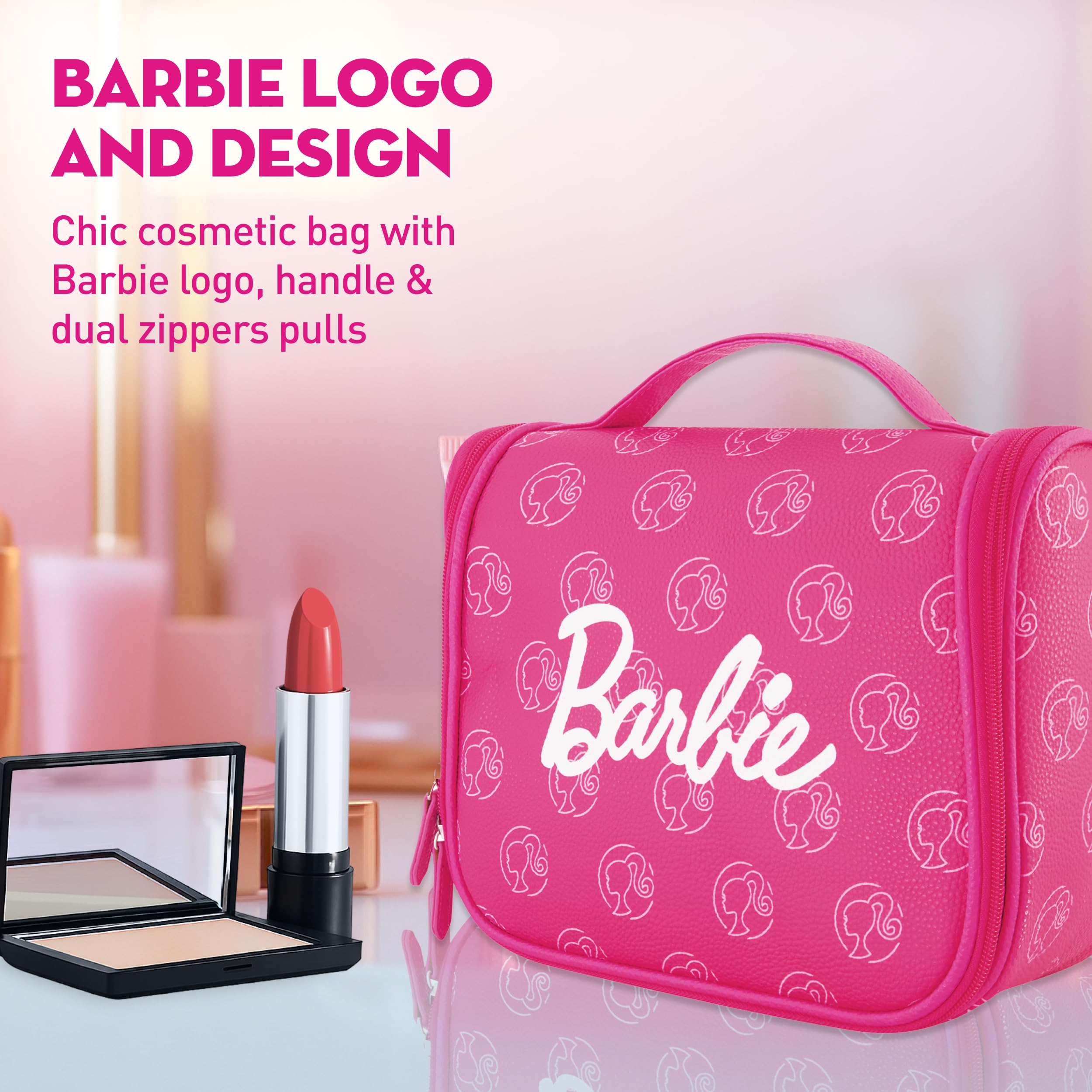 Concept One Barbie Make-up-Tasche für Damen, kleine Reise-Kosmetiktasche, Reißverschluss, Organizer mit Logo, Rosa