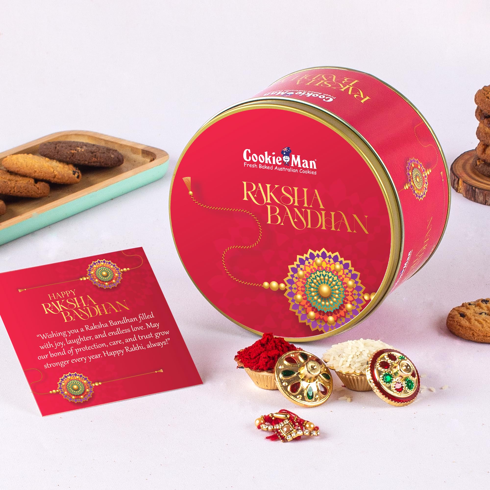 CookieMan Rakhi Gift Box for Brother with 300g Assorted Cookies | Rakhi Gift Set for Brother with Roli Chawal and Greeting Card | Perfect Raksha Bandhan Gift Hamper for Brother & Sister-image-2