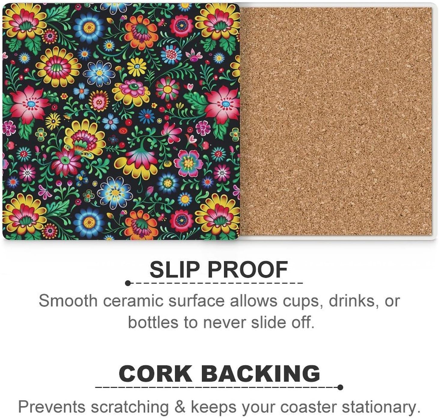 Polish Folk Art Floral Pattern Coaster for Drinks Square Ceramic Table Coasters Stone Mat Crafts 4PCS Home Kitchen Decor