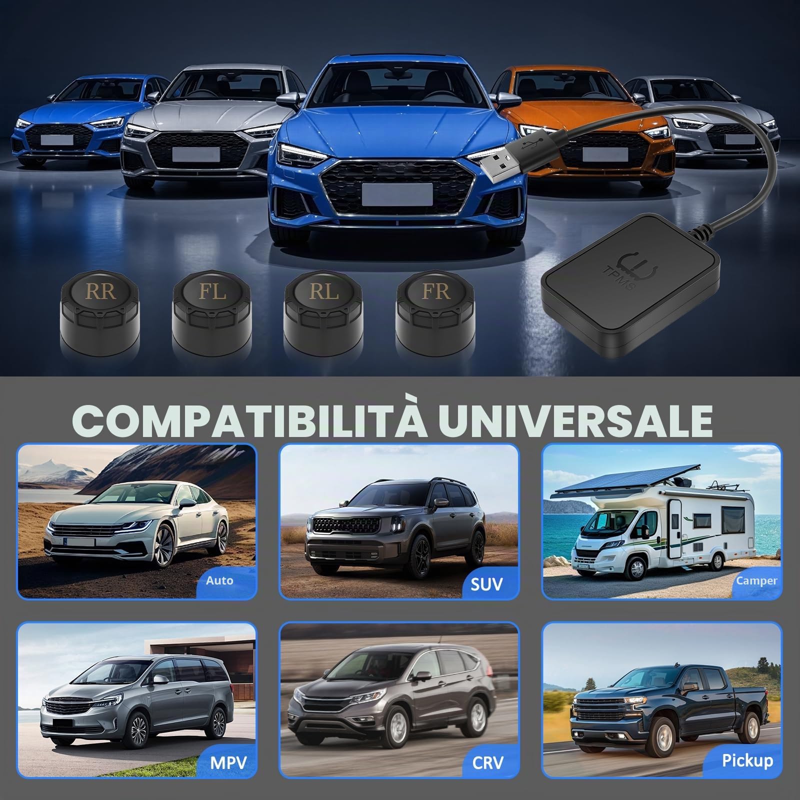 Sistema di monitoraggio della pressione dei pneumatici per auto con ricarica USB, per display di navigazione Android, strumento universale TPMS per la pressione degli pneumatici con 4 sensori