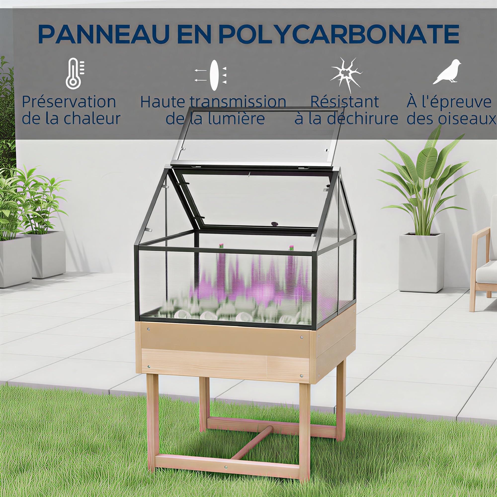 Outsunny Mini Serre sur Pieds - jardinière surélevée - dim. 60L x 57l x 103H cm - Double Toit ouvrable Panneaux de Polycarbonate, Acier, Bois Sapin traité