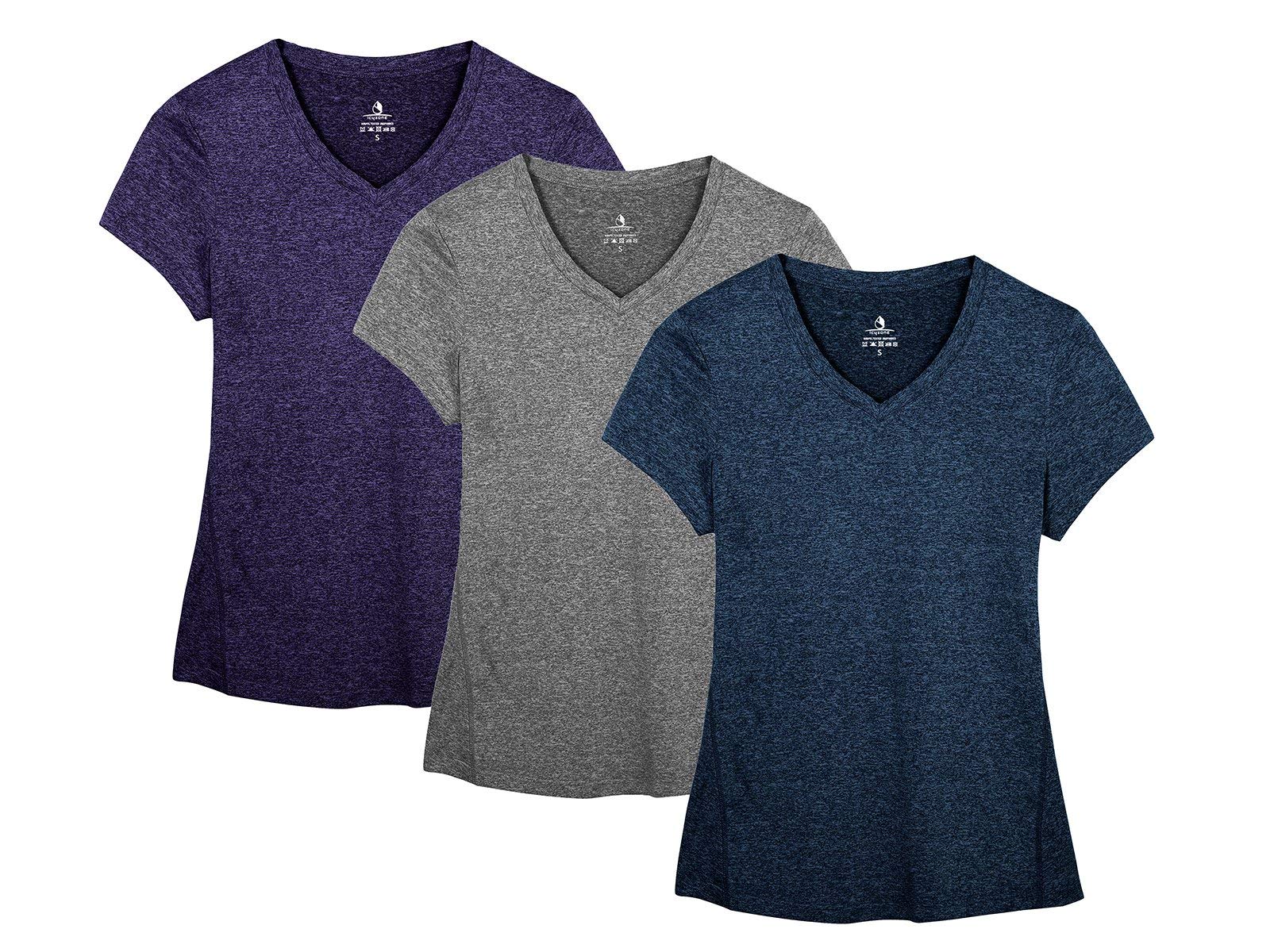 icyzone Workout Shirts Yoga Tops Activewear V-Neck T-Shirts for Women Running Fitness Sports Short Sleeve Tees (M, Royal Blue/Purple/Charcoal)