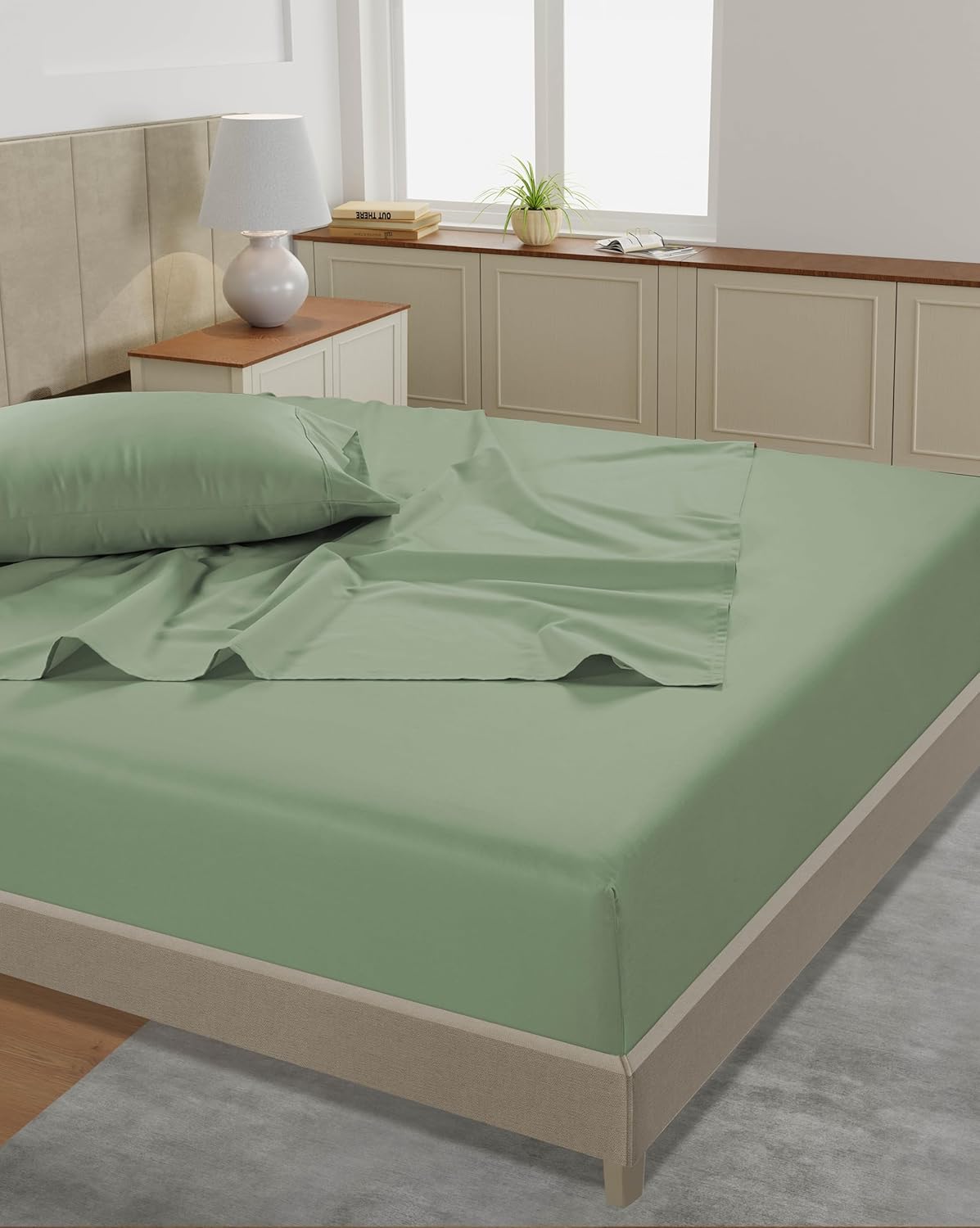 Lane Linen 100% Cotton Sheets - 450 Thread Count, 3 Pc, Long Staple Twin XL Soft Satin, Bedding, Breathable Cooling Sheets- Iceberg Green