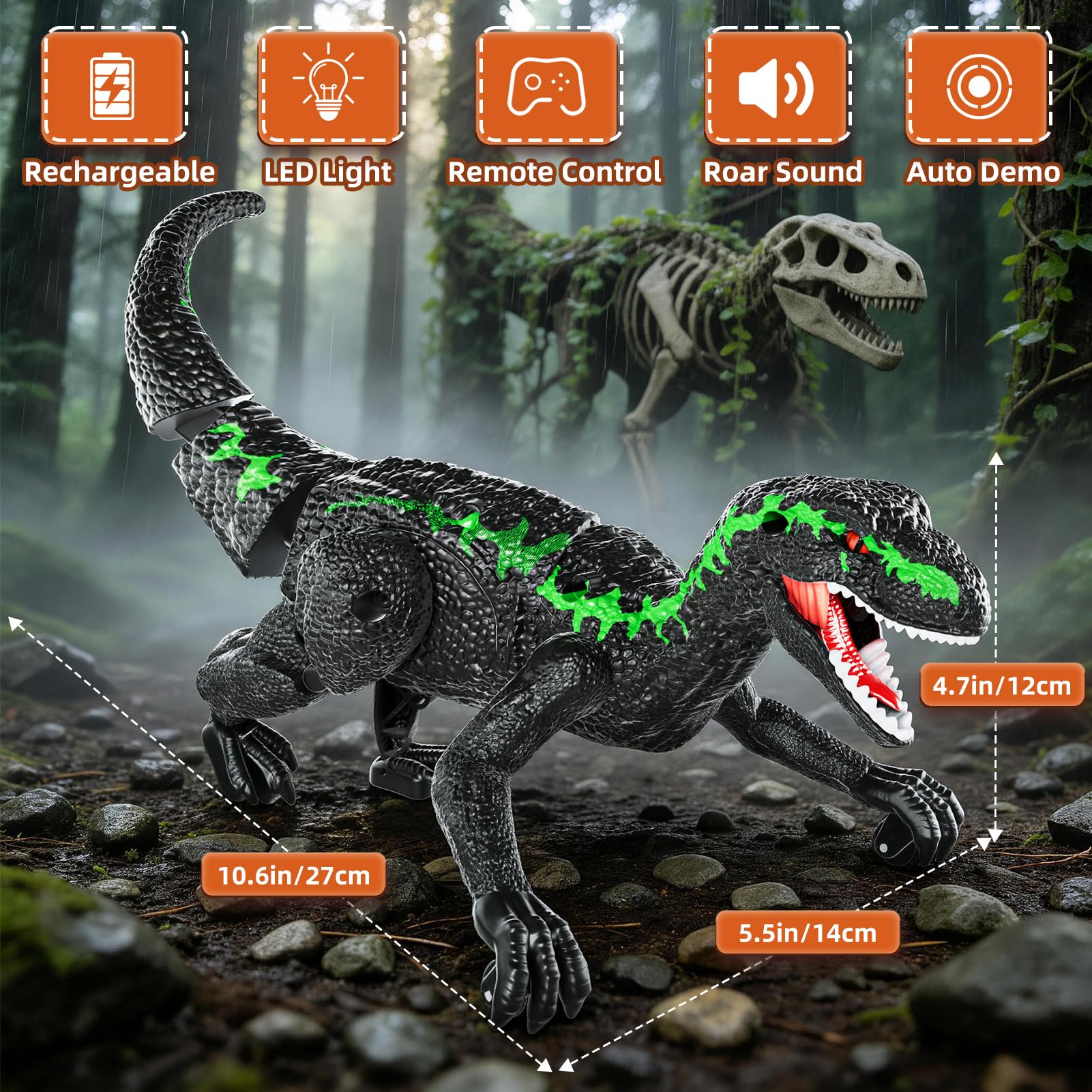 Dinosauro radiocomandato verde, regalo di compleanno per bambini 3-12 anni. Modello robot realistico con cammino, ruggiti ed effetti luce LED