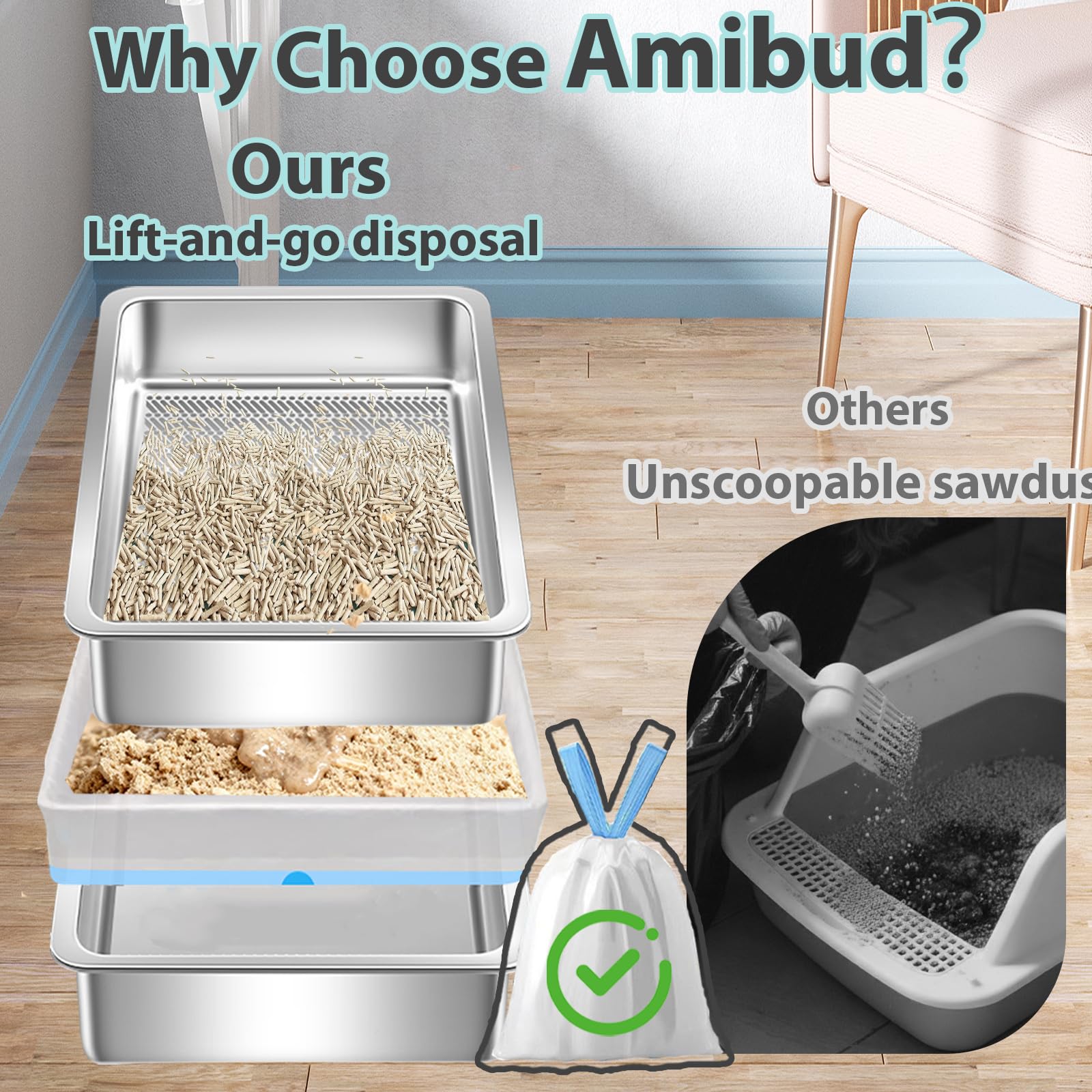Stainless Steel Sifting Litter Box for Pine Pellets,Sifting Cat Litter Box for Wood Pellets,Extra Large Sifter Litter Pan System with Litte Liners and Scoop-20 ''Lx 13.8''W x 6''H - image 3