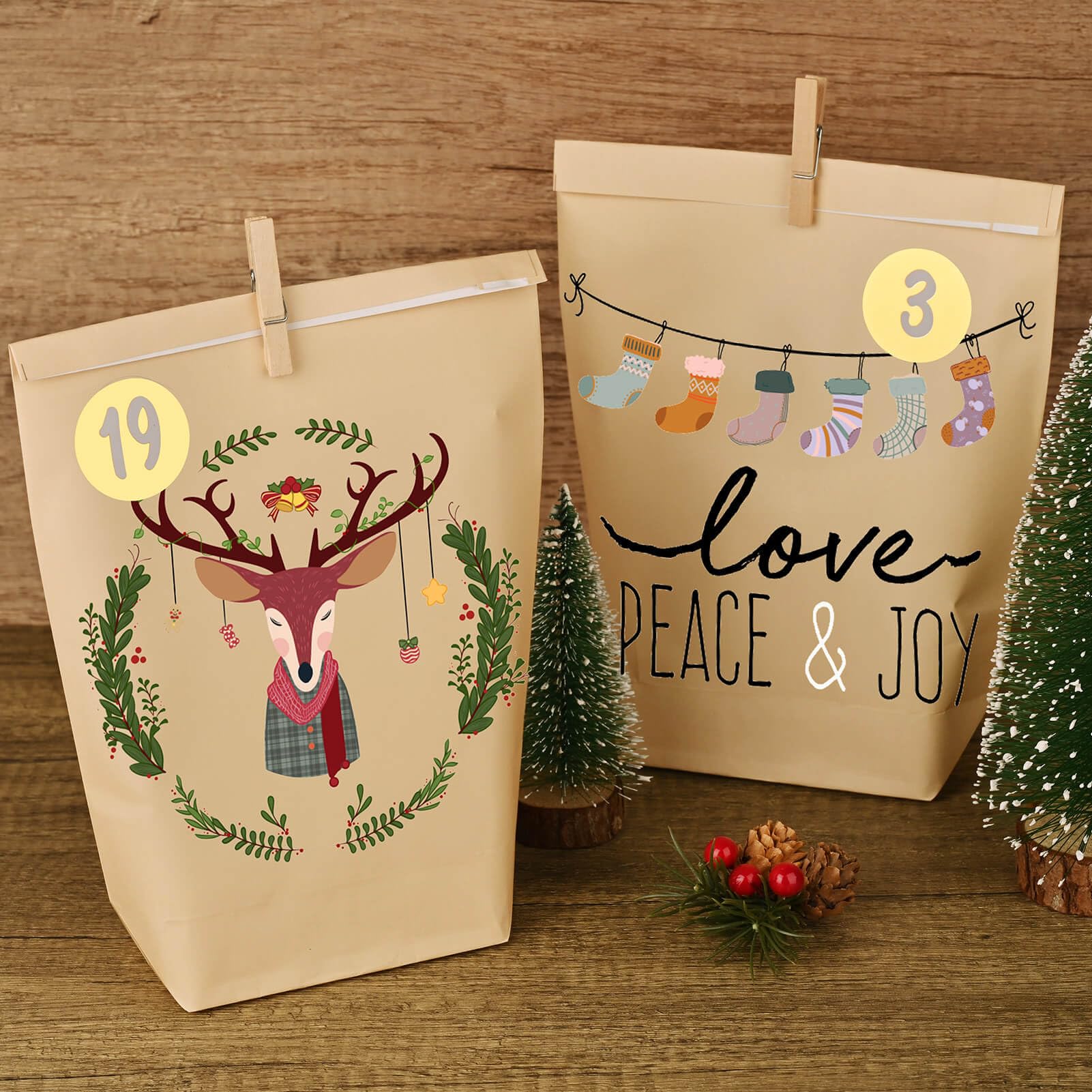 Calendario Dell'Avvento Fai Da Te - 24 Sacchetti Di Carta Kraft Colorati, Con Mollette E Adesivi Numerati, Da Riempire Per Aspettare Il Natale - 3