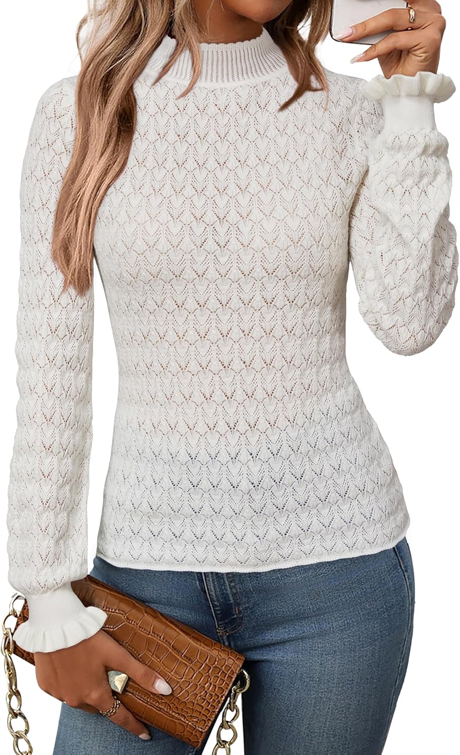 Arach&Cloz Womens Silk Wool Blend Lace Mock Neck Slim Fitted Sweater Trendy 2025