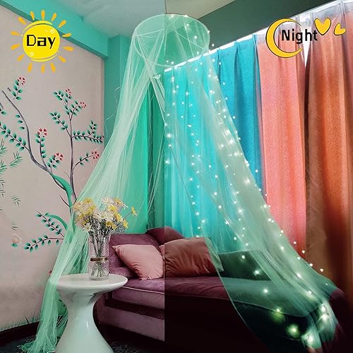 Miniatura 2 de Eimilaly Mosquitera para cama con 250 luces blancas cálidas, toldo de cama para decoración de habitación de niñas o fiesta temática, luces verdes y