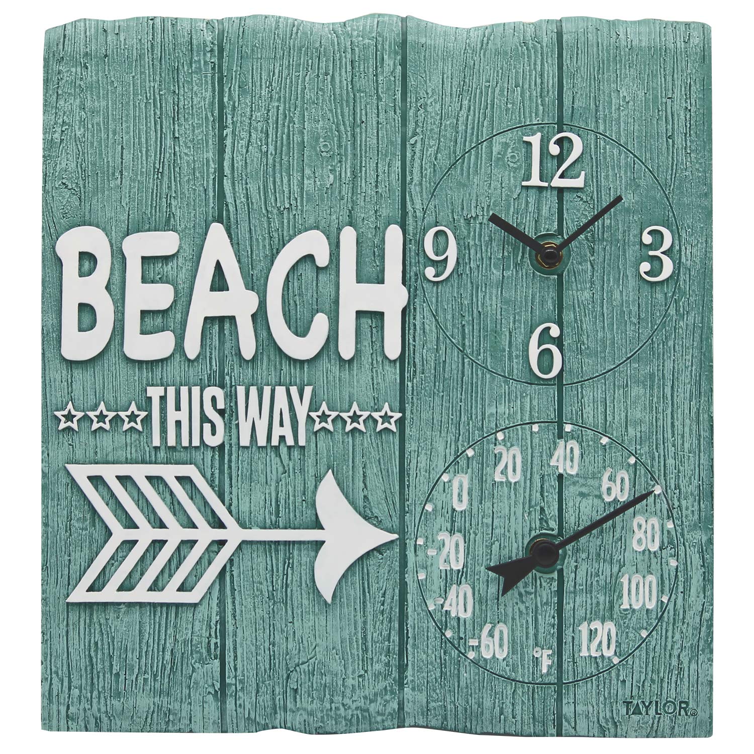 Taylor Precision Products 92685T 14" x14 Poly Resin Beach This Way Clock with Thermometer, Multicolored