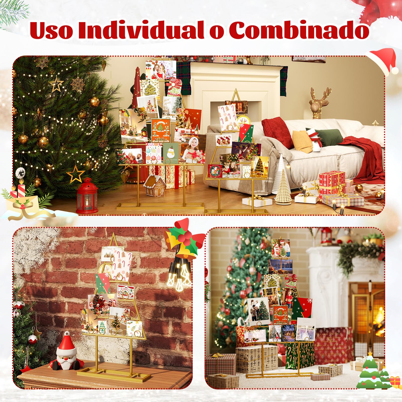 COSTWAY 2 Set Árbol de Navidad para Decoración, Árbol de Navidad de Metal con 36 Clips Redondos para Tarjetas, Fotos y Luz Navideño, Marco de Fotos para Decoración Navideña, Casa Oficina, Dorado