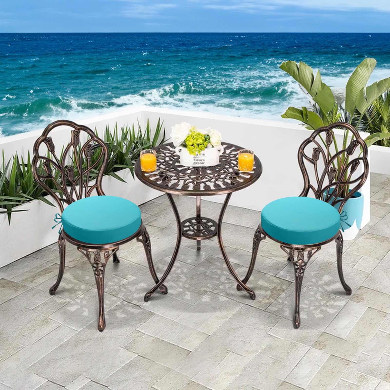 Outdoor Sitzkissen Rund 40x40, 2er Set Wasserdicht, Himmelblau | Rundes Gartenstuhl Polster mit Bändern und Wetterfester Oberfläche, Ideal für Terrasse, Balkon und Outdoor-Möbel