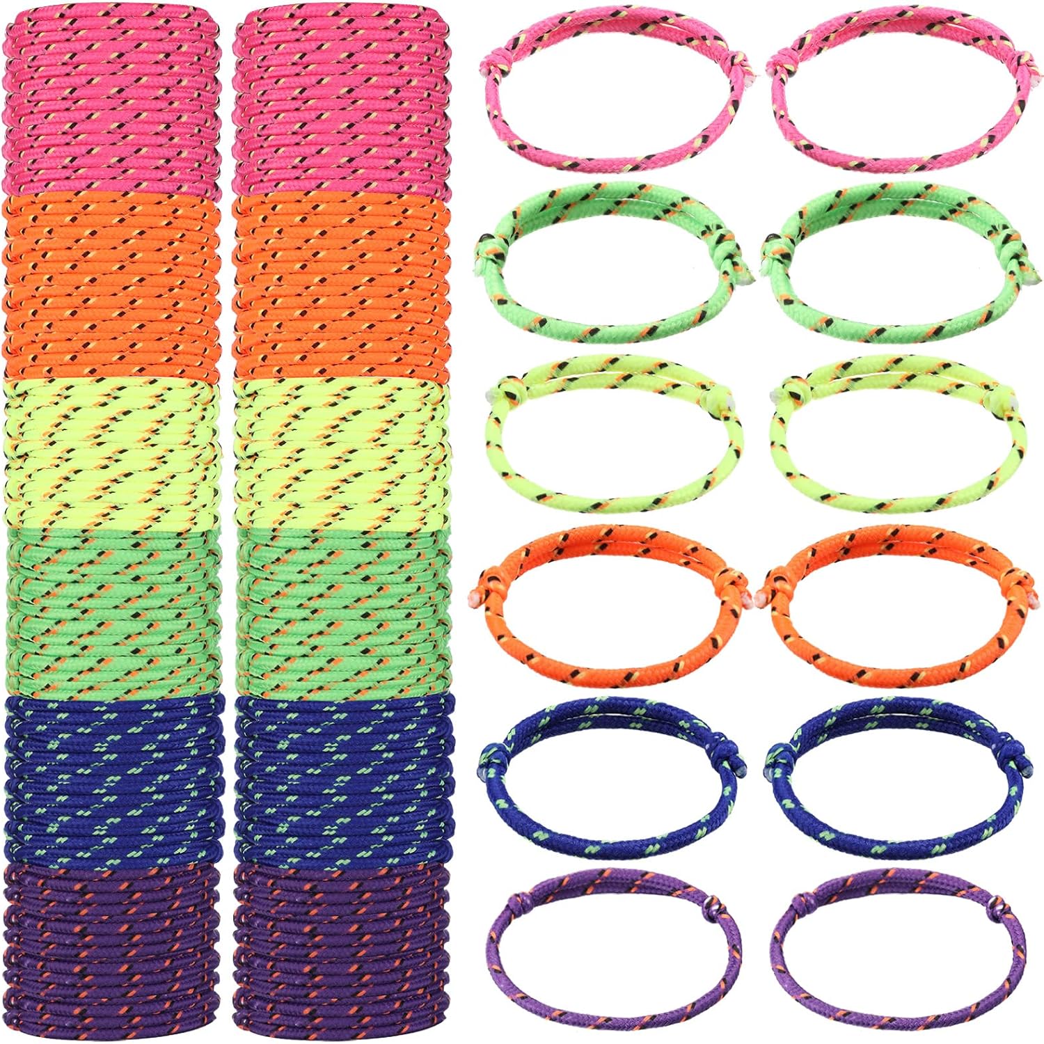 Janinka 432 Pcs Neon Friendship Bracelets Bulk for Kids Adjustable Paracord Bracelets in Assorted Colors Neon Rope Friendship for Girls and Boys