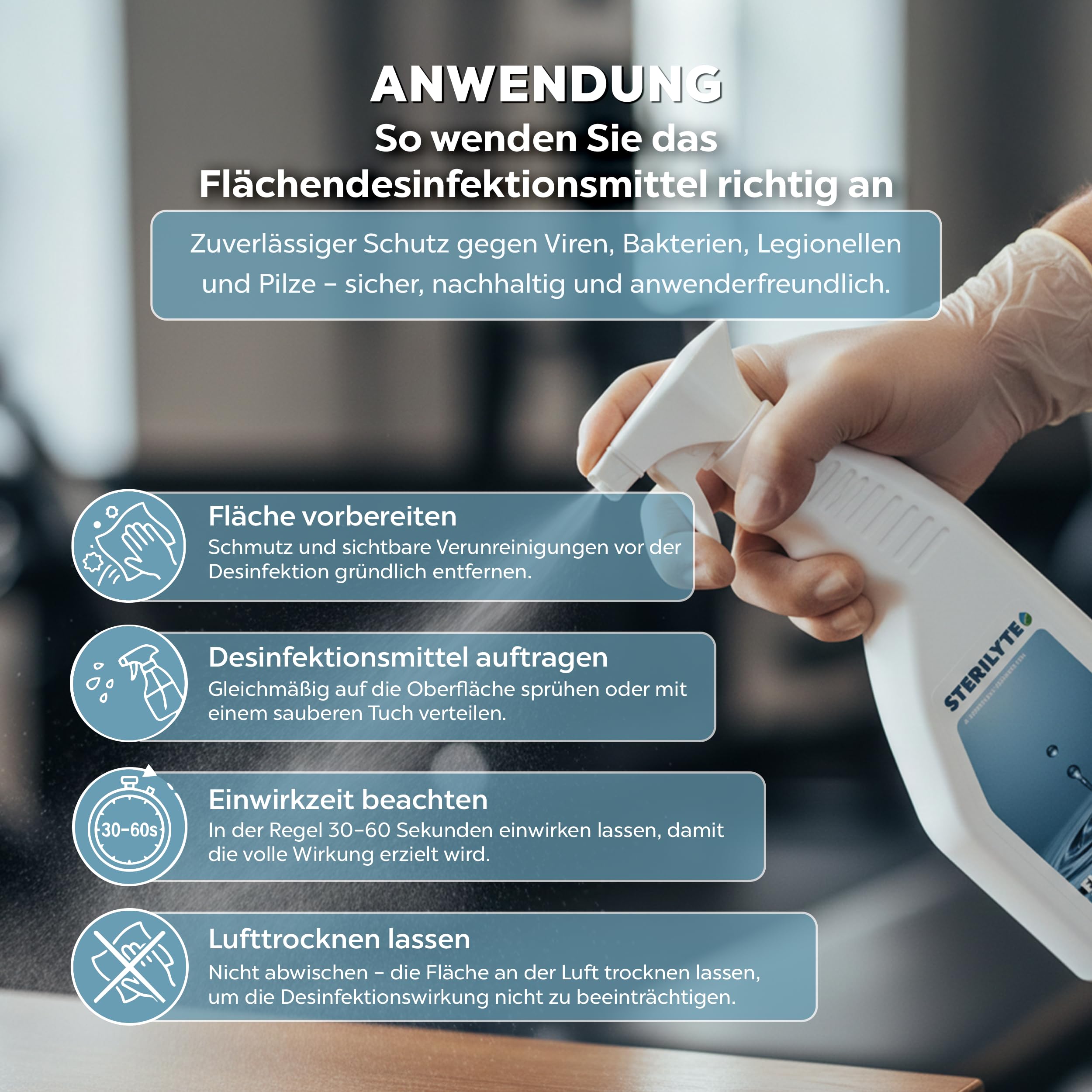Flächendesinfektionsmittel Spray 1 Liter, Nachhaltig, alkoholfrei & hochwirksam - Desinfektionsmittel für Flächen vielseitig einsetzbar durch Sprühfunktion