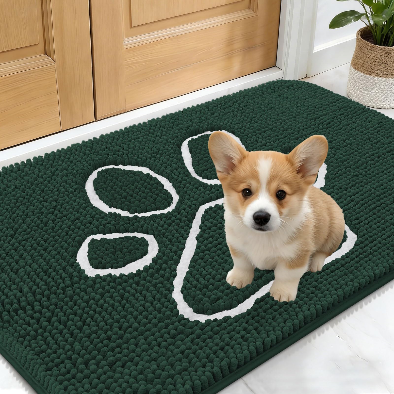 OLANLY Dog Door Mat for Muddy Paws 24x16, Paw Print Design Chenille Mud Mat