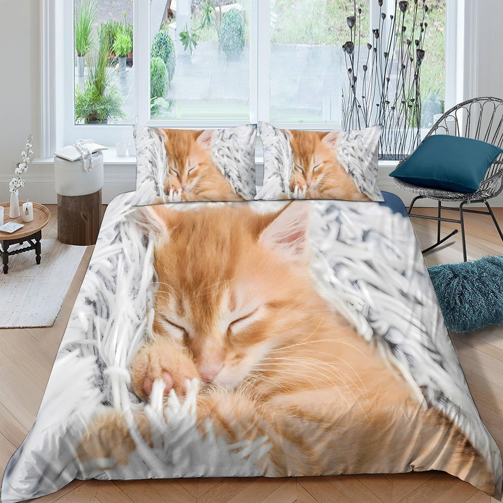 Ctjqhvkz Style-2 3D Printed Sleeping Cat Fitted Sheet Microfiber Soft Orange Tabby Bed Cover For Bedroom Dorm Mattress Protection Decor Single（135X200cm）