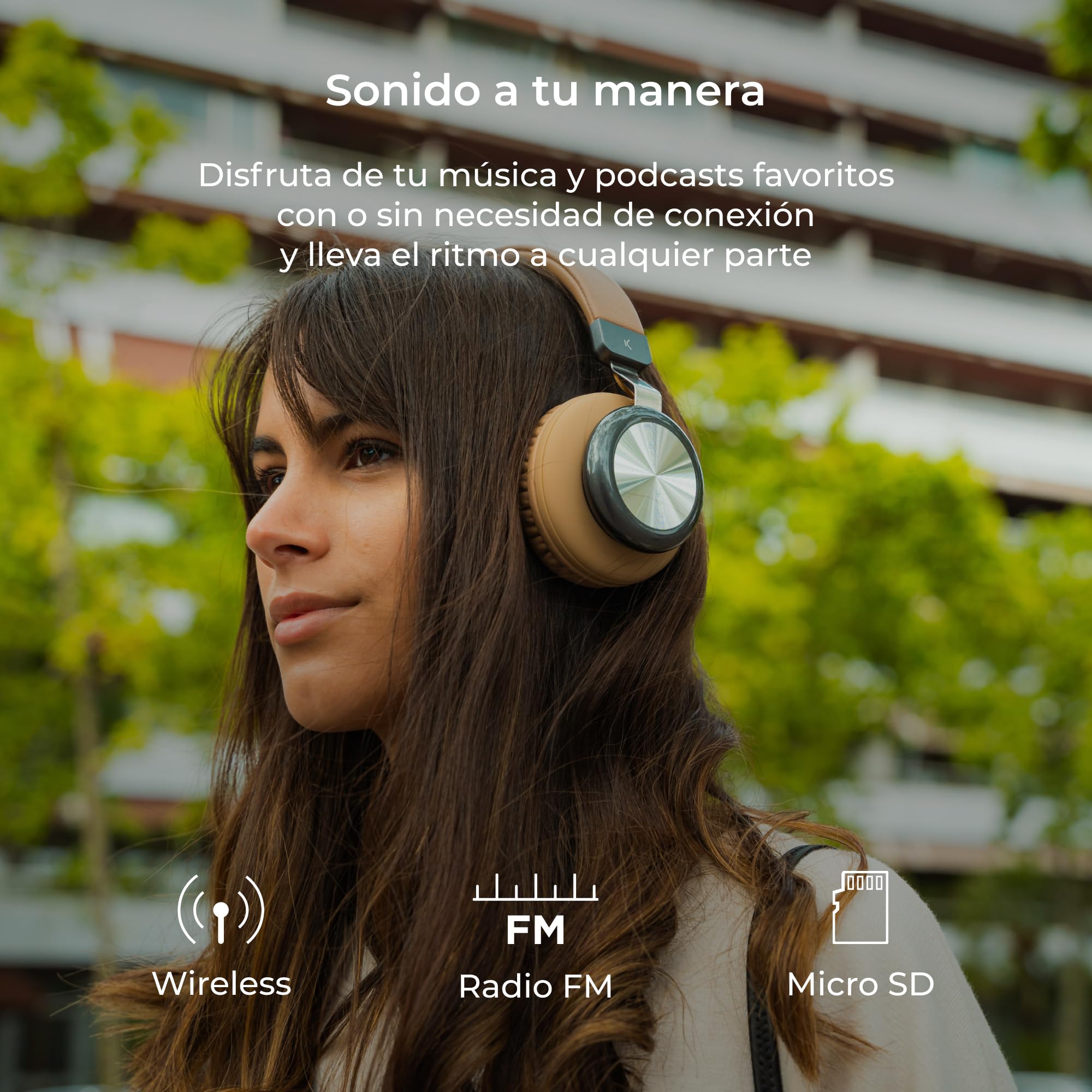 KSIX Retro 2 Auriculares inalámbricos Diadema Retro 2, Radio FM, Tarjeta SD, hasta 8 Horas de autonomía, Marrón