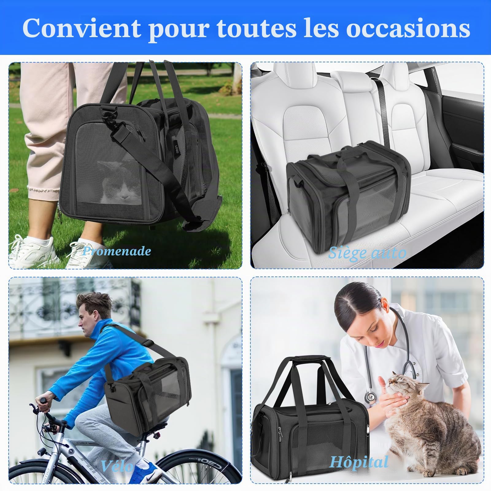 45x30x30 cm Sac de Transport pour Chat d'Extérieur Pliable et Respirant, Caisse de Transport Chat avec Matelas Souple, Sac Chat Transport pour Chat et Chien Voyage en Train/Voiture(Noir)