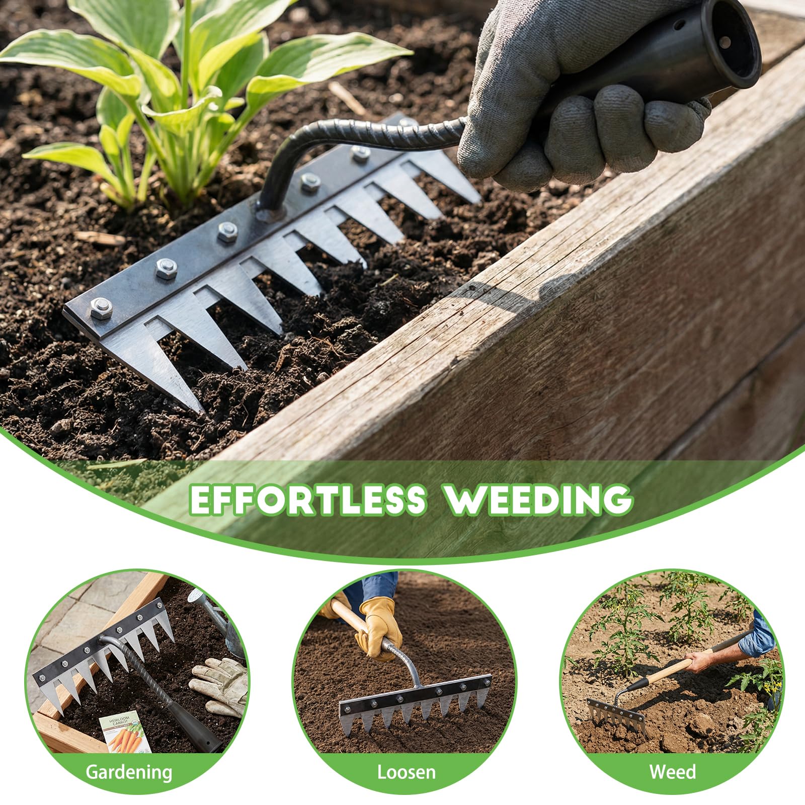 Rastrello Multifunzione Elimina Erbacce,8 denti robusti Rastrello | Giardino Portatile,Rastrello da giardino resistente,Strumenti per orto e giardinaggio,allentare il terreno,livellare prato