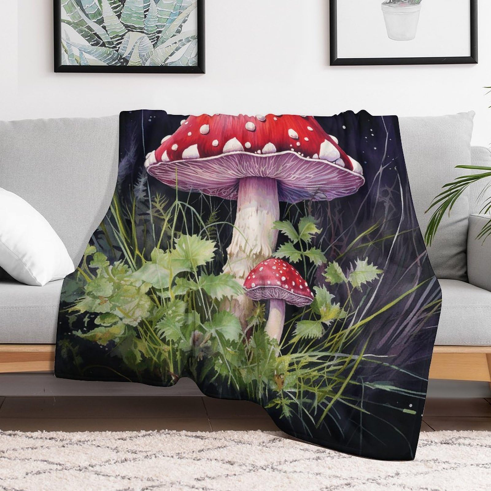 Plaid en flanelle motif champignons pour réchauffer vos nuits et décorer le lit