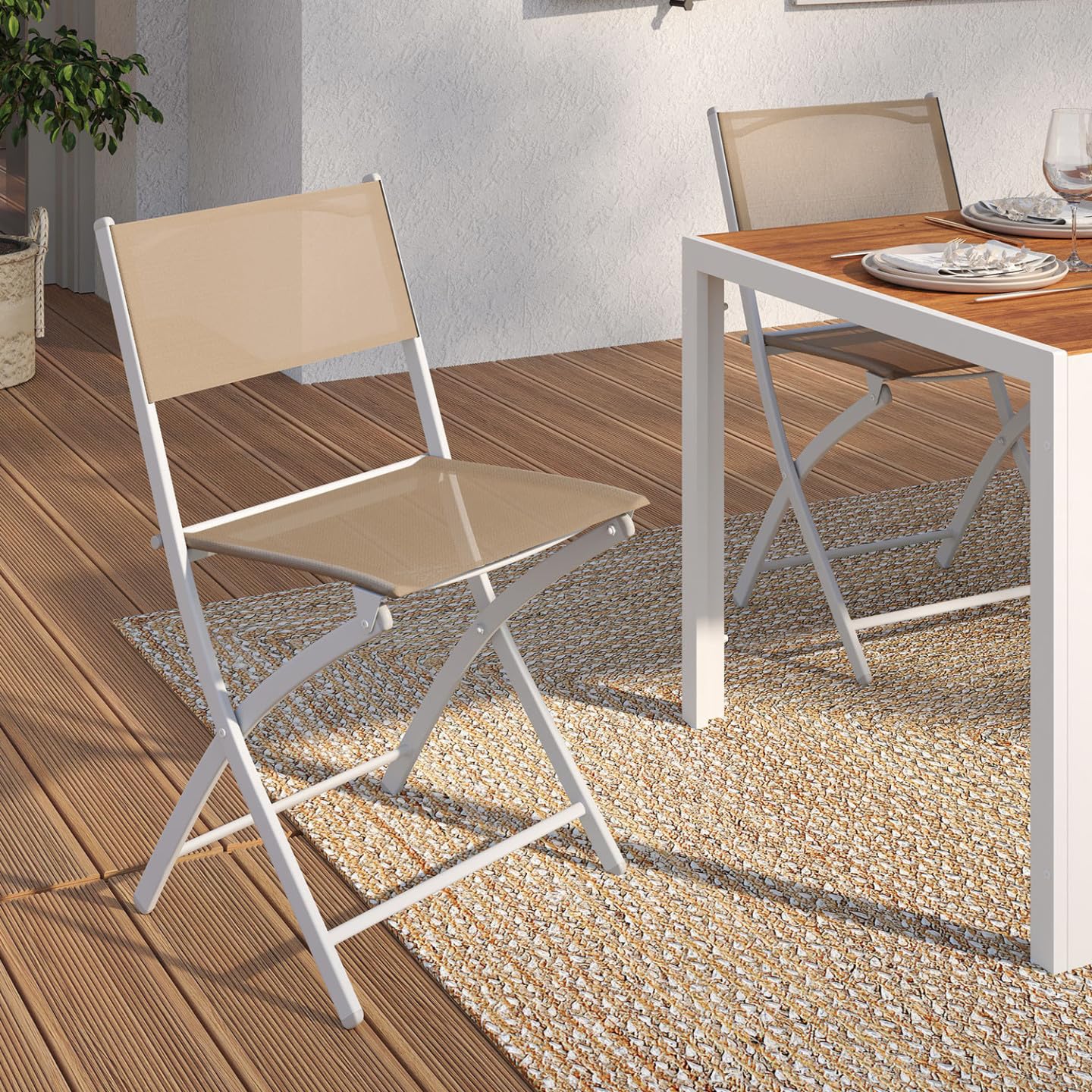 IDMarket - Lot de 6 chaises de Jardin Pliantes Bastia métal et textilène Blanc et Beige