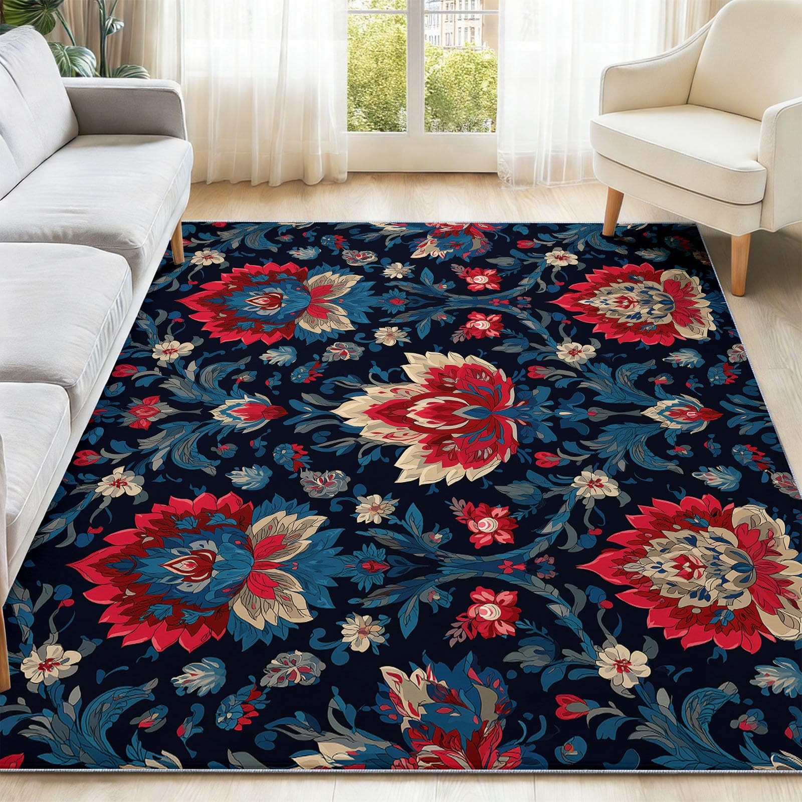 Dywany do salonu, można prać w pralce, dywan 120 x 170 cm, dywany z tradycją boho, antypoślizgowy dywan, czerwone kwiaty, liście, niskie runo, nie gubi włosia, nadruk, do jadalni, domu, biura