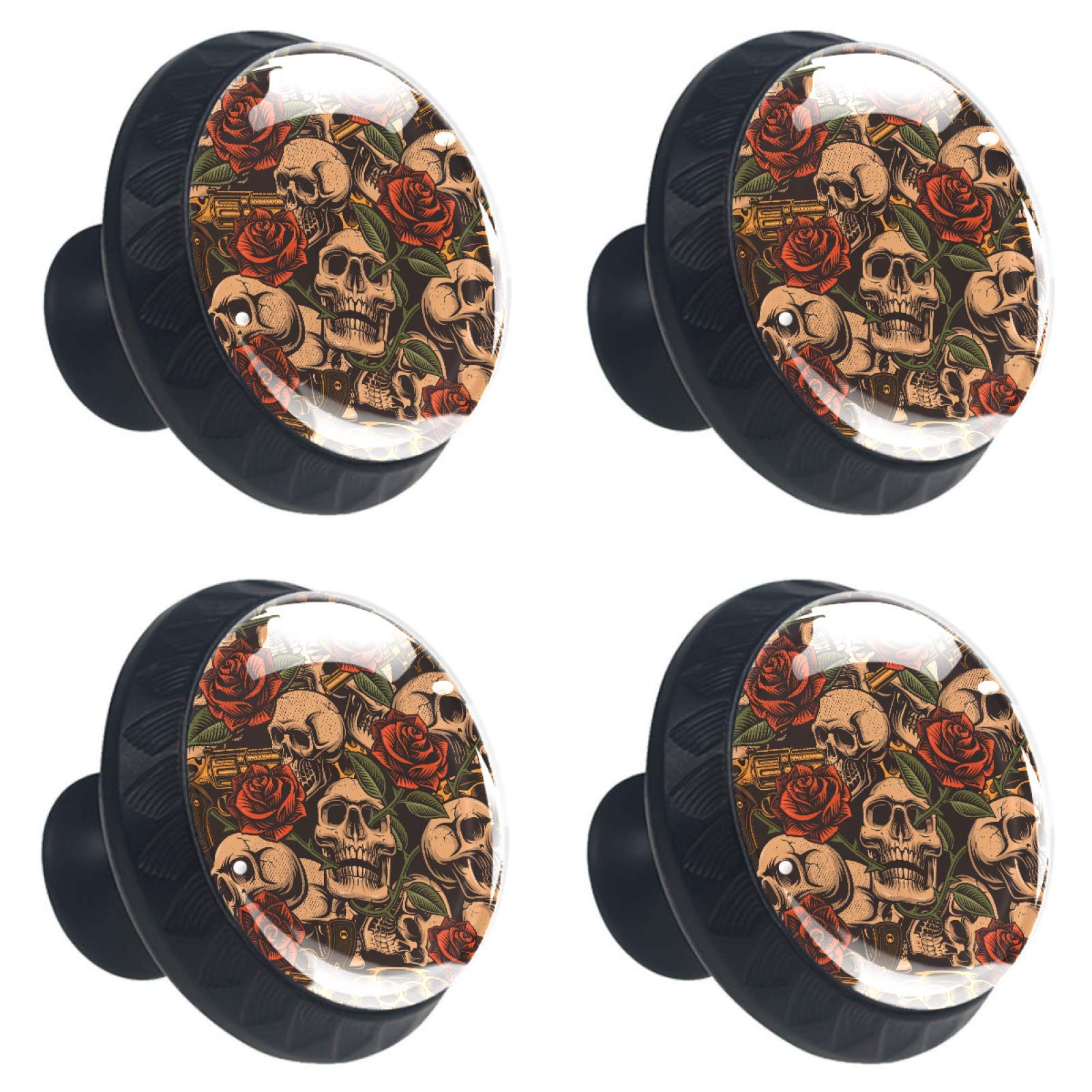 Boutons de tiroir en cristal tête de mort et fleur 30mm x4 pour meuble
