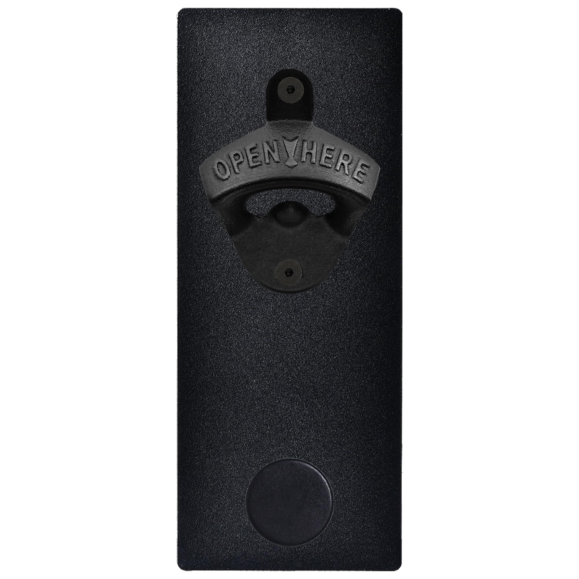 Abridor de botellas de hierro fundido negro montado en la pared con tapa magnética, tablero de metal para nevera de cocina