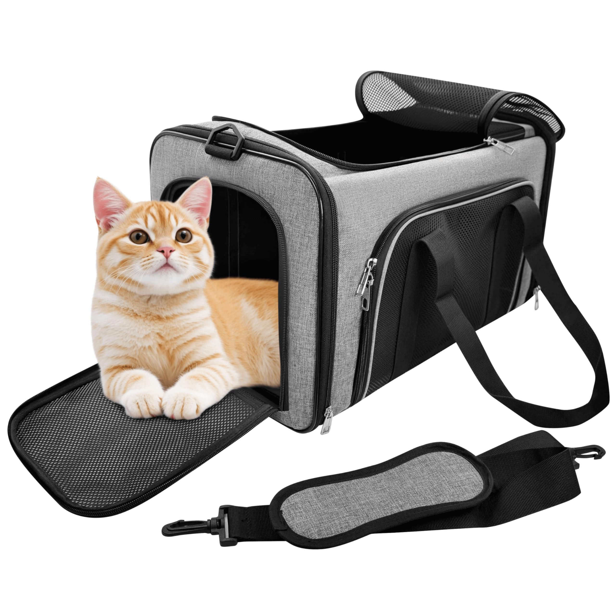 Katzentransportbox & Tragetasche für Katzen und kleine Hunde bis 10kg – Faltbare Katzentasche groß mit versteckbarem Dachfenster, Grau, 50x30x30cm