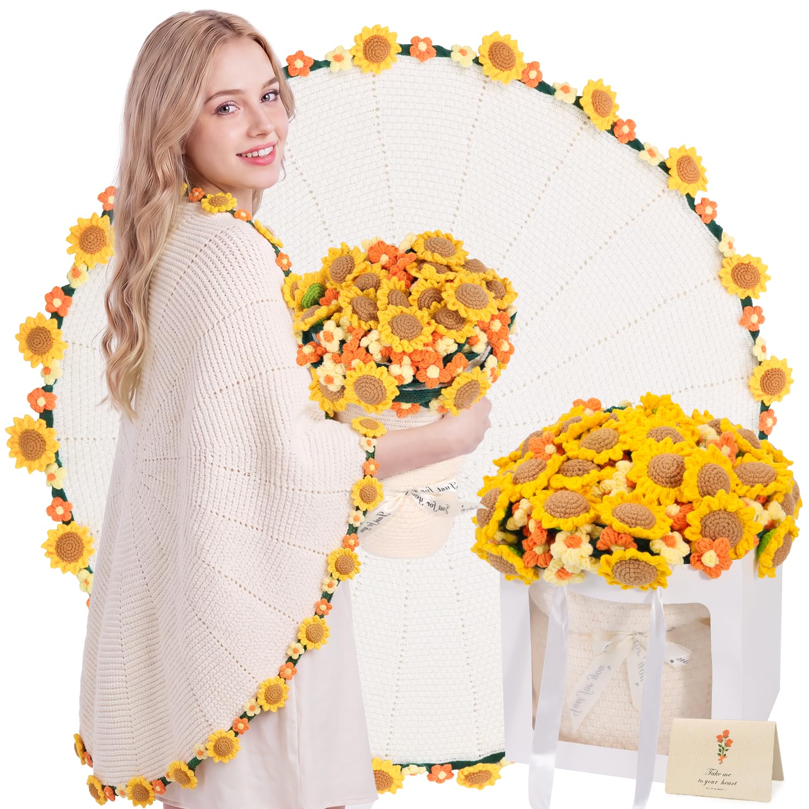 OHOIT Sunflower Gifts for Women Get Well, Sunflower Daisy Crochet Flowers Bouquet Blanket, Thinking of You, Christmas Best Friend Birthday Gifts for Women Mom Grandma Sister 43 Inches
