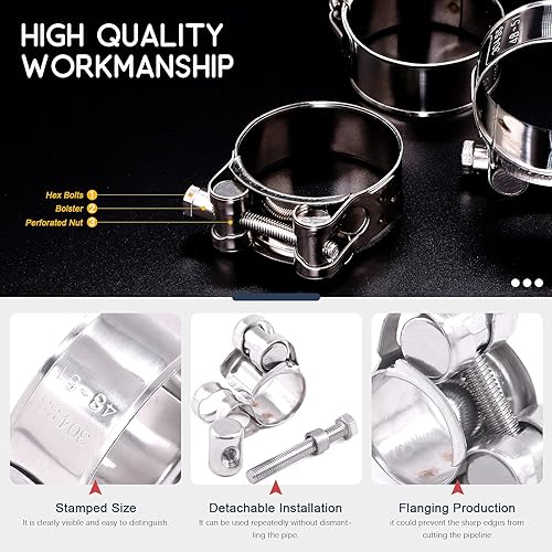 Miniatura 4 de Hilitchi Abrazadera de perno en T de acero inoxidable 304 Abrazaderas de manguera de tubo de tubo en T resistentes (4 unidades, 1.890-2.008 in)