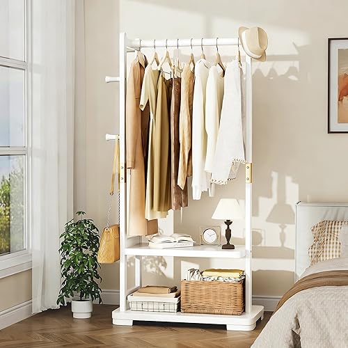 Miniatura 10 de Perchero de madera maciza con 2 estantes y 4 ganchos para colgar ropa, carteras, sombreros, estante de ropa resistente, perchero para abrigos