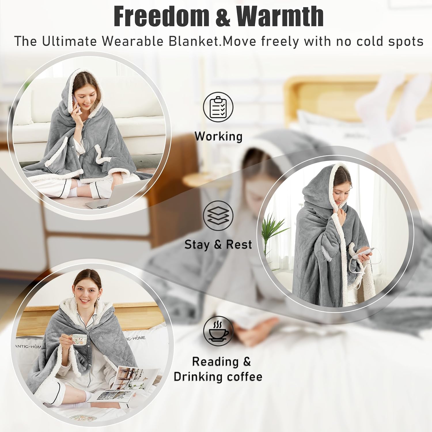 Heated Blanket Wearable Shaw - Electric Wrap Poncho Heated Throw Blanket with Hand Pockets, 50 * 64", 6 Heating Levels & 1-4H Timer, Ideal for Family, Light Grey - Image 8