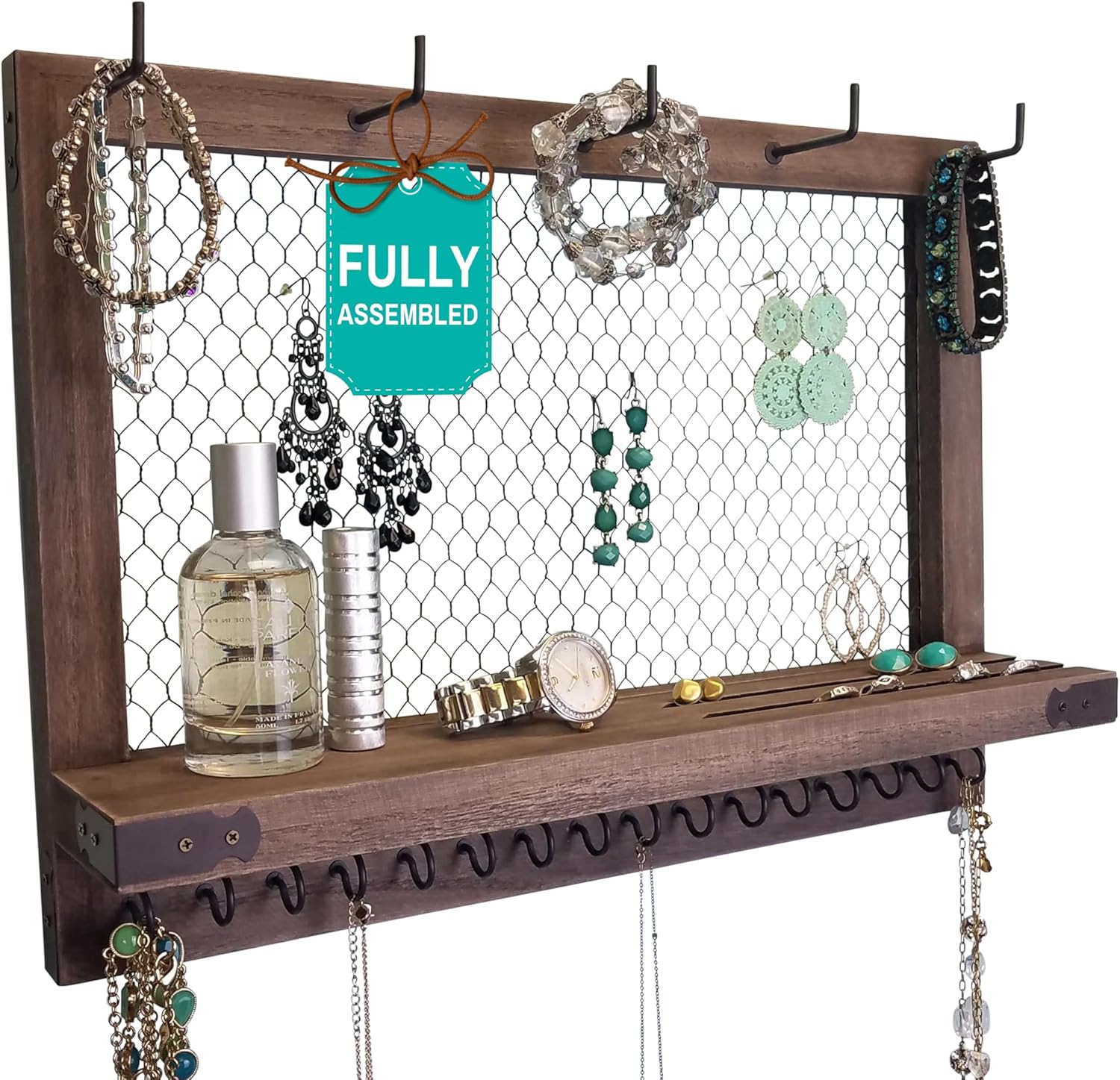 OUTSHINE Large Farmhouse Wall Jewelry Organizer (Espresso) | Wall Organizer For Earrings, Necklace, Bracelet, Hair Accessories | Chicken Wire Earring Holder | For Women, Wife, Mom, Girlfriend