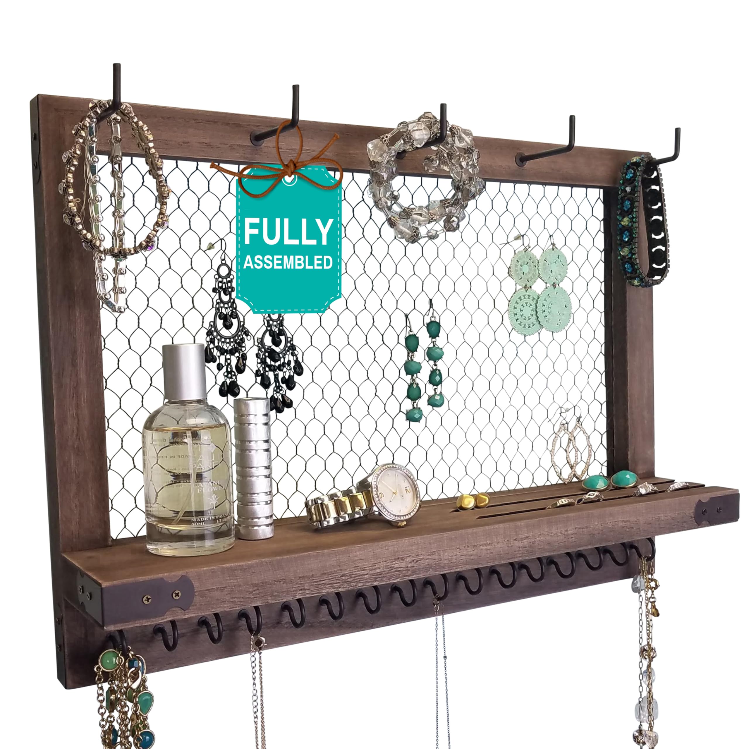 OUTSHINE Large Farmhouse Wall Jewelry Organizer (Espresso) | Wall Organizer For Earrings, Necklace, Bracelet, Hair Accessories | Chicken Wire Earring Holder | For Women, Wife, Mom, Girlfriend