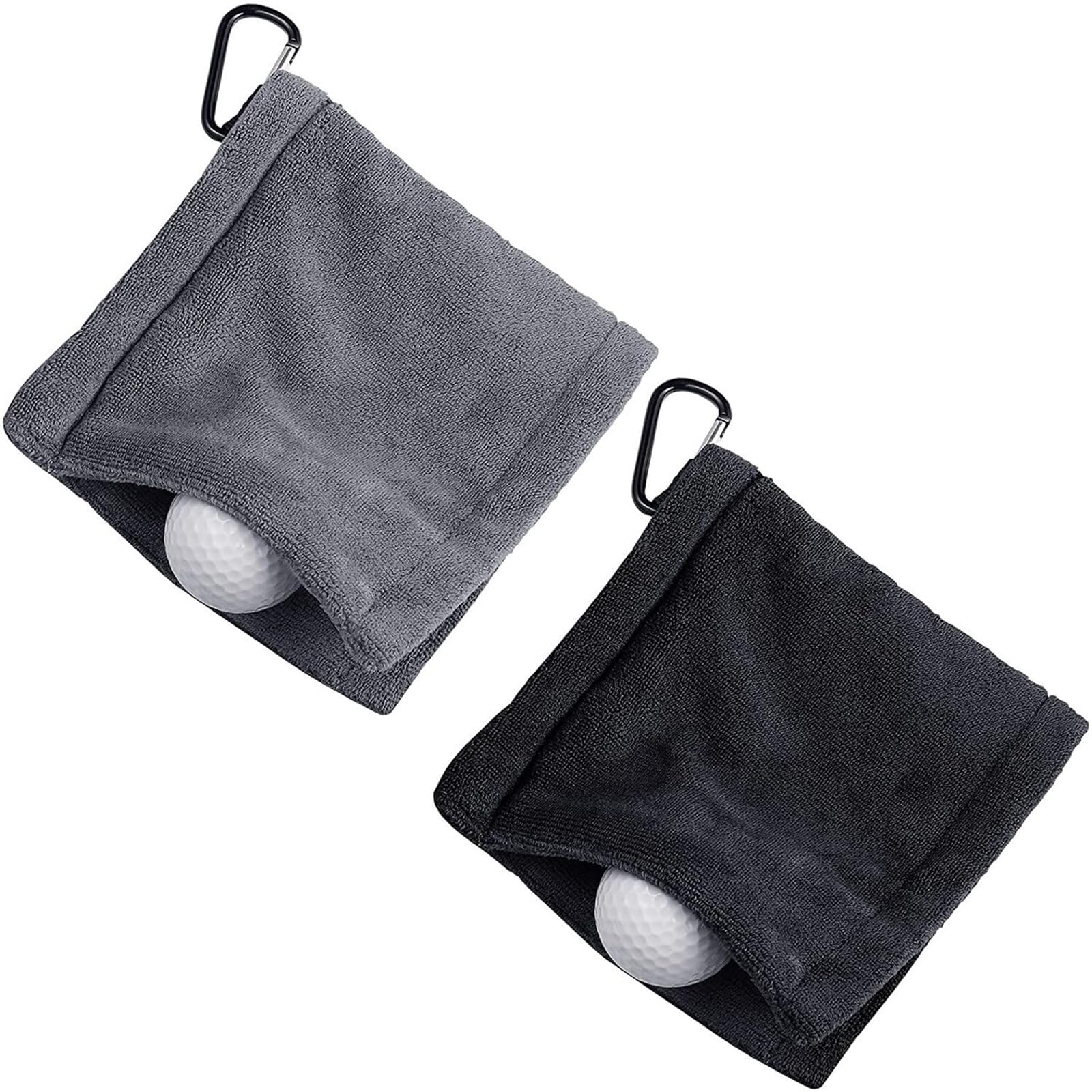Eldtec Ręcznik do czyszczenia piłek golfowych, 2 szt. ręcznik golfowy z mikrofibry dla płazów na mokro i sucho z karabińczykiem, 14 x 14 cm, czarny i szary
