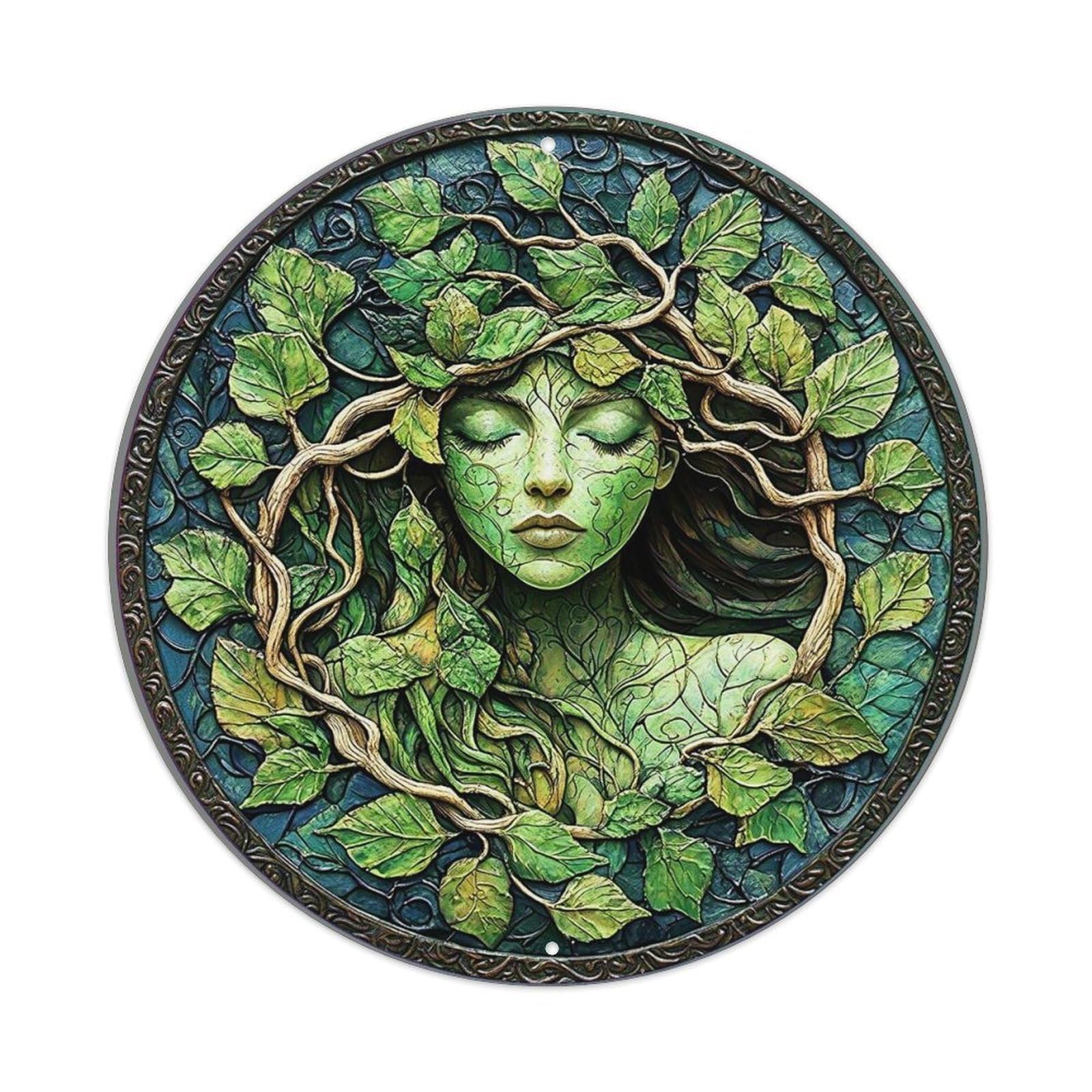 Jdyaojiesheng Vintage Nature Goddess Leaf Vine Art Round Tin Sign Retro Metal Wall Decor Metal Poster, Home Bar Garage Farmhouse Cafe Wall Art Decoration 8X8inch